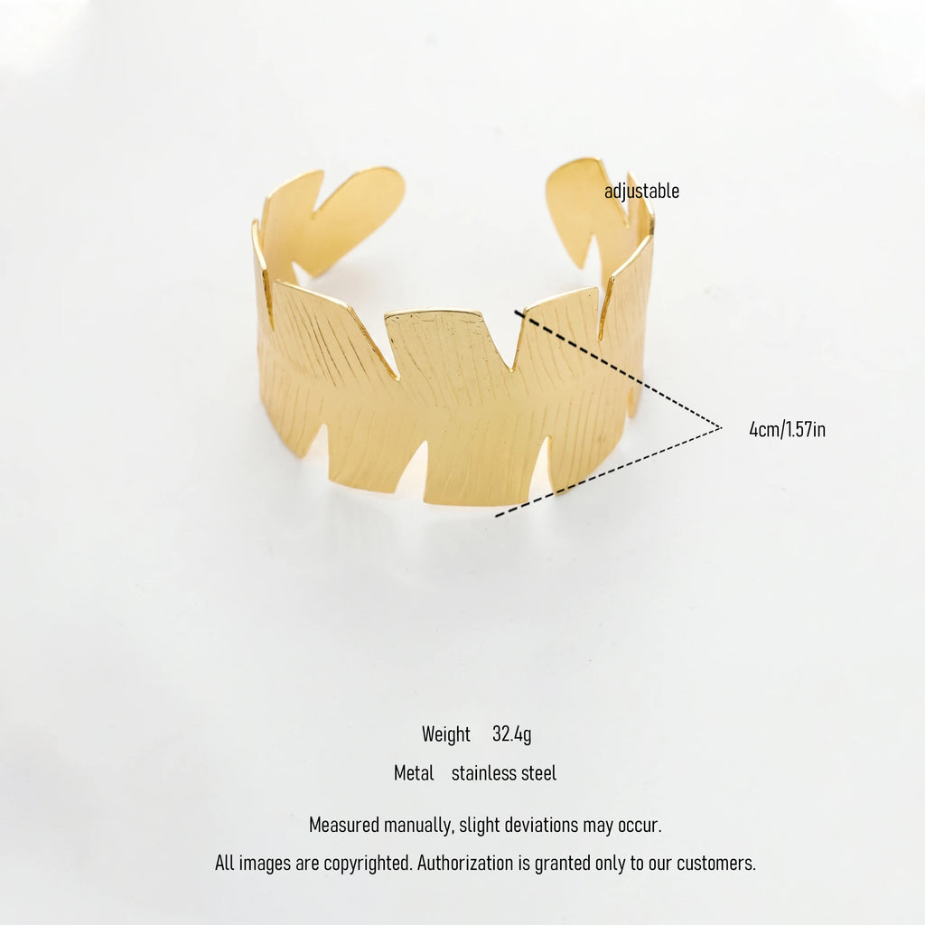 QIAOREN 12660Abstract Serrated Palm Leaf Wide Cuff Bangle Hypoallergenic Stainless Steel Gold Bracelet Beach Party Birthday Gift