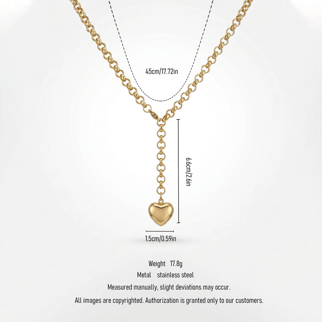 QIAOREN 11343 Stainless Steel Gold Y Drop Heart Pendant Necklace Adjustable Rolo Chain Women Daily Jewelry Gift
