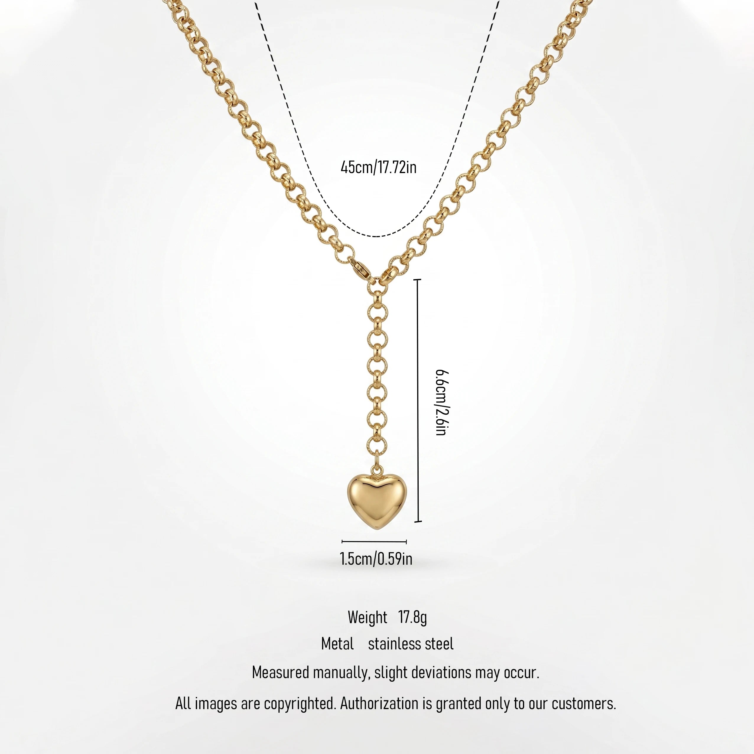 QIAOREN 11343 Stainless Steel Gold Y Drop Heart Pendant Necklace Adjustable Rolo Chain Women Daily Jewelry Gift