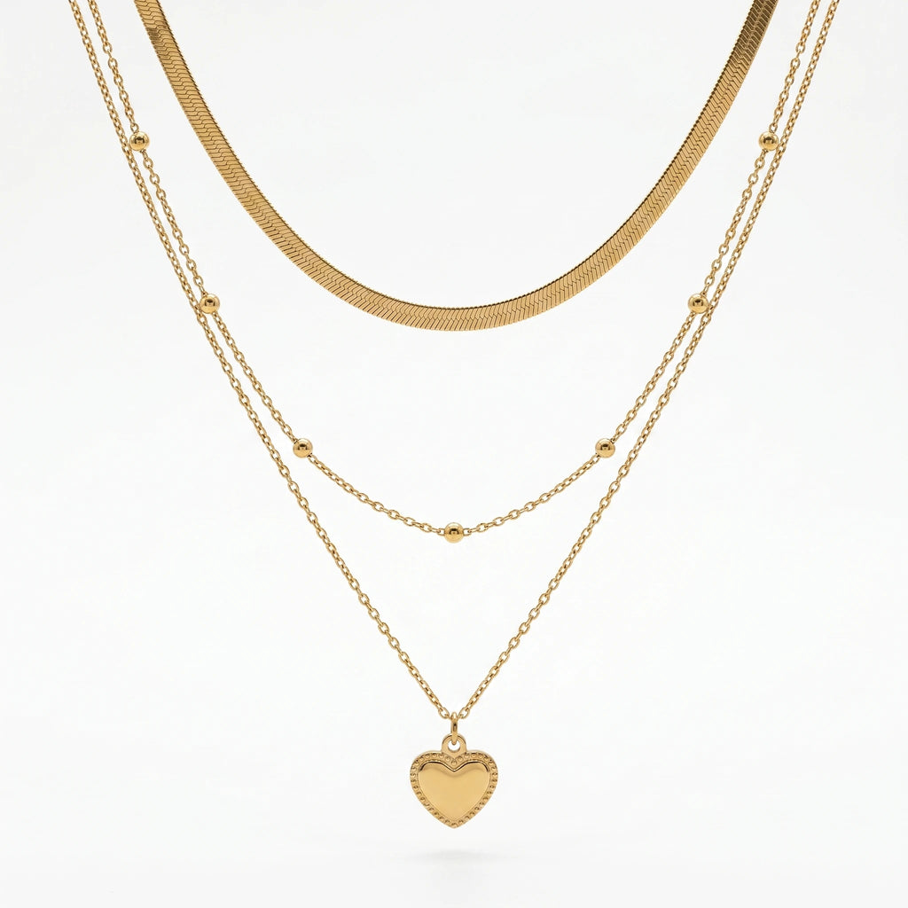 QIAOREN 12852 18K Gold Plated Layered Heart Necklace, Herringbone Snake Chain Beaded Pendant, Waterproof Stainless Steel Jewelry