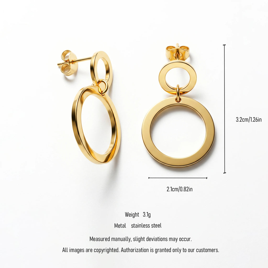 QIAOREN 11192 Chic Double Circle Stud Earrings Waterproof Stainless Steel Gold Earrings European Style Jewelry