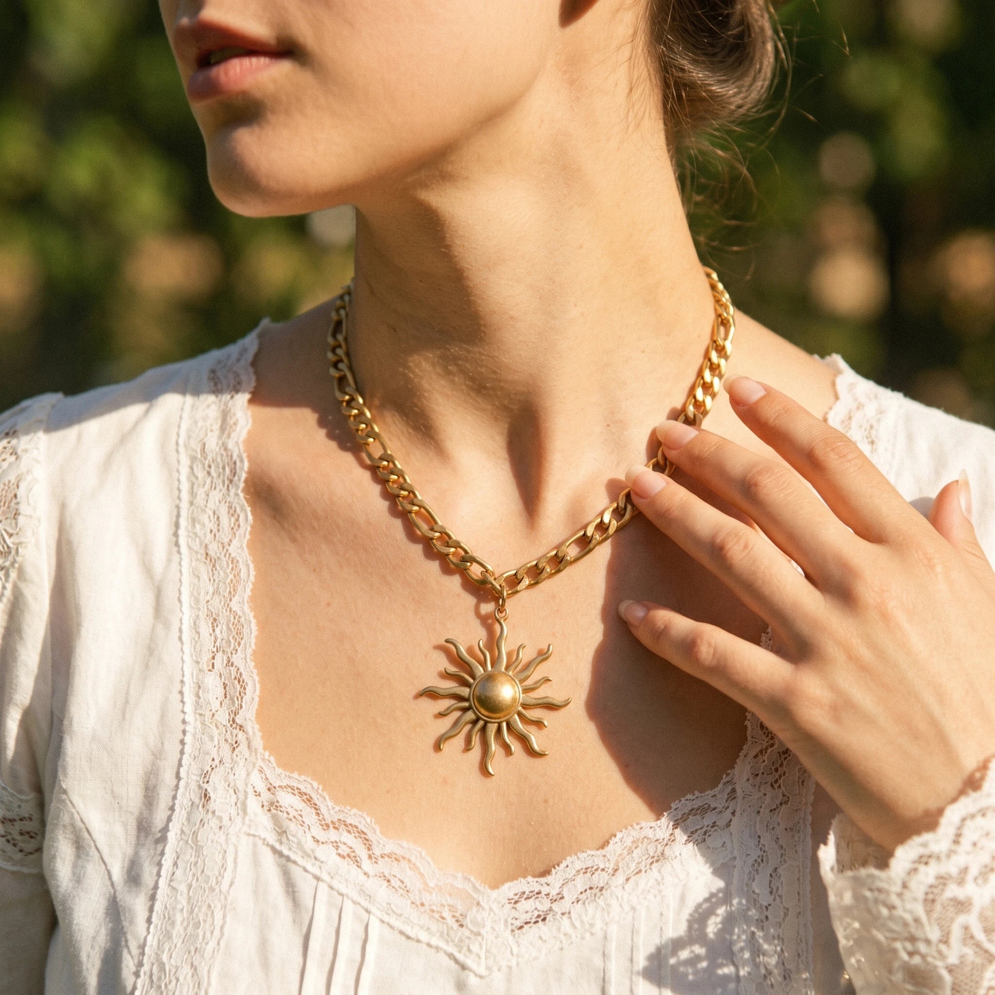 QIAOREN 10857 Waterproof Stainless Steel Trendy Sun Charm Necklace Gold Plated Link Chain Party Statement Jewelry