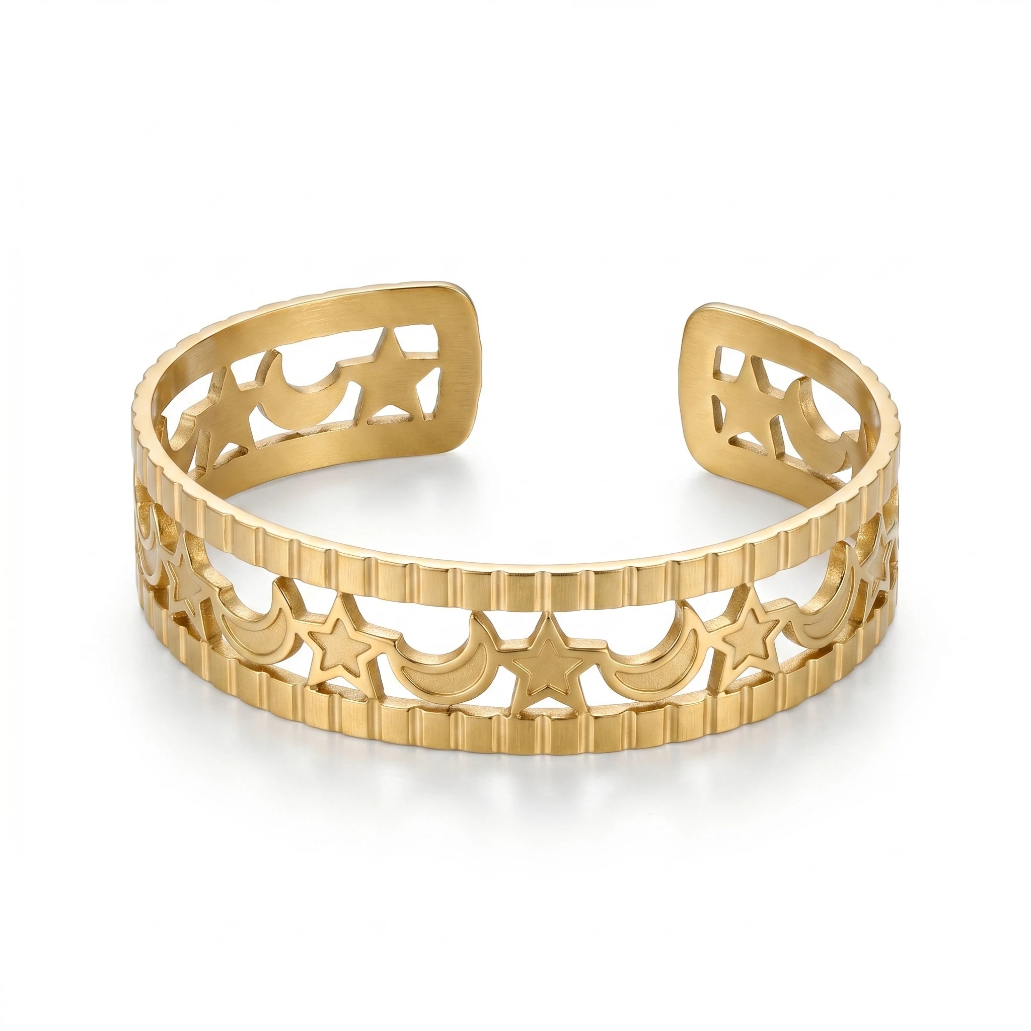 QIAOREN 11888 18K Gold Plated Stainless Steel Anti-Tarnish Hollow Star Moon Open Cuff Bracelet Wide Edge Textured Bangle