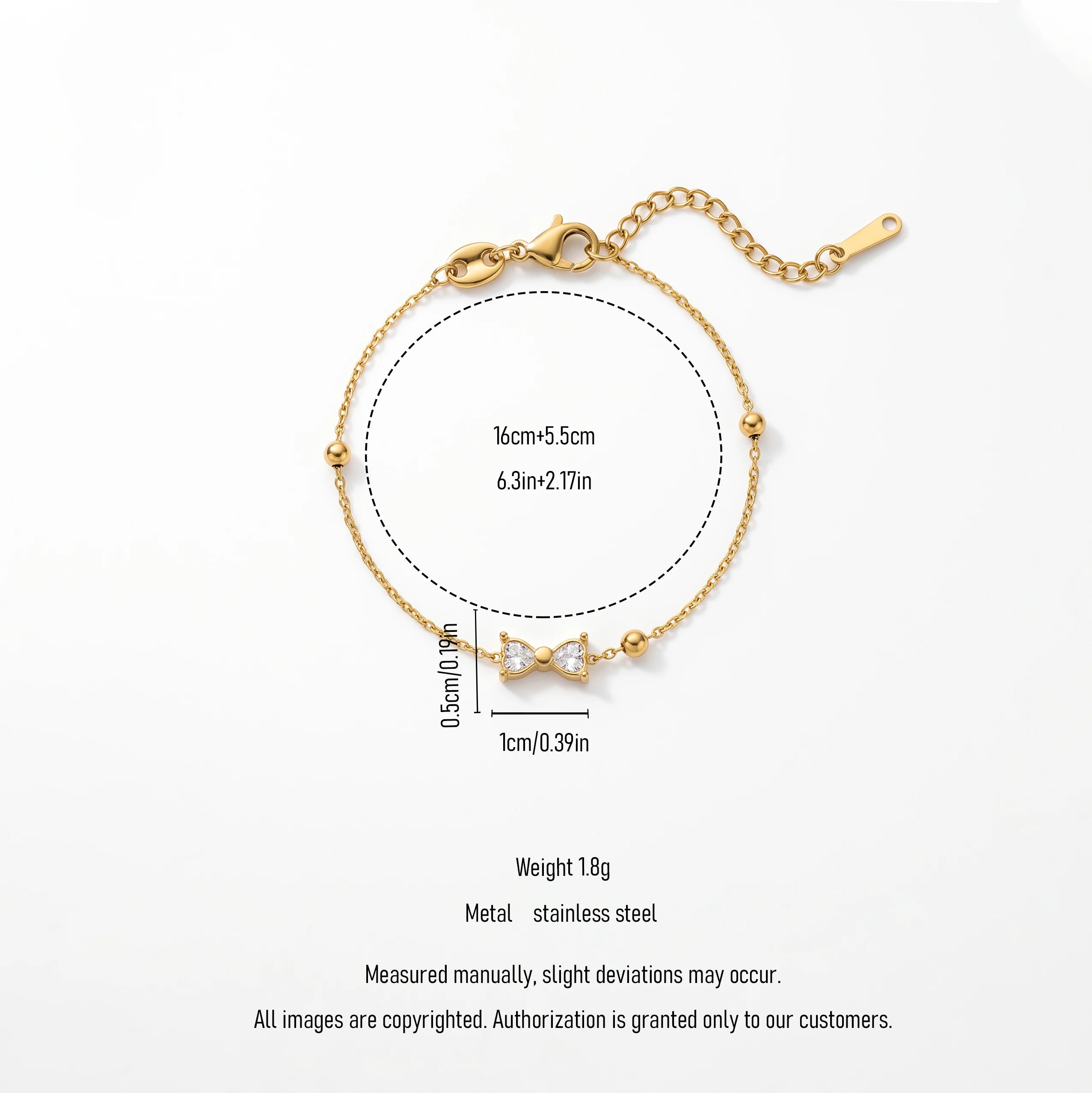 QIAOREN 13360 Gold Plated Stainless Steel CZ Bow Bracelet Dainty Minimalist Chain Jewelry for Women