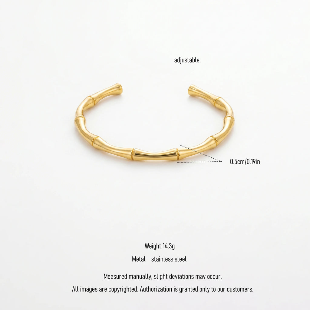 QIAOREN 12677 Sleek Segmented Bamboo Tube Adjustable Open Cuff Bracelet Tarnish Free Stainless Steel 18K Gold Wrist Ornament