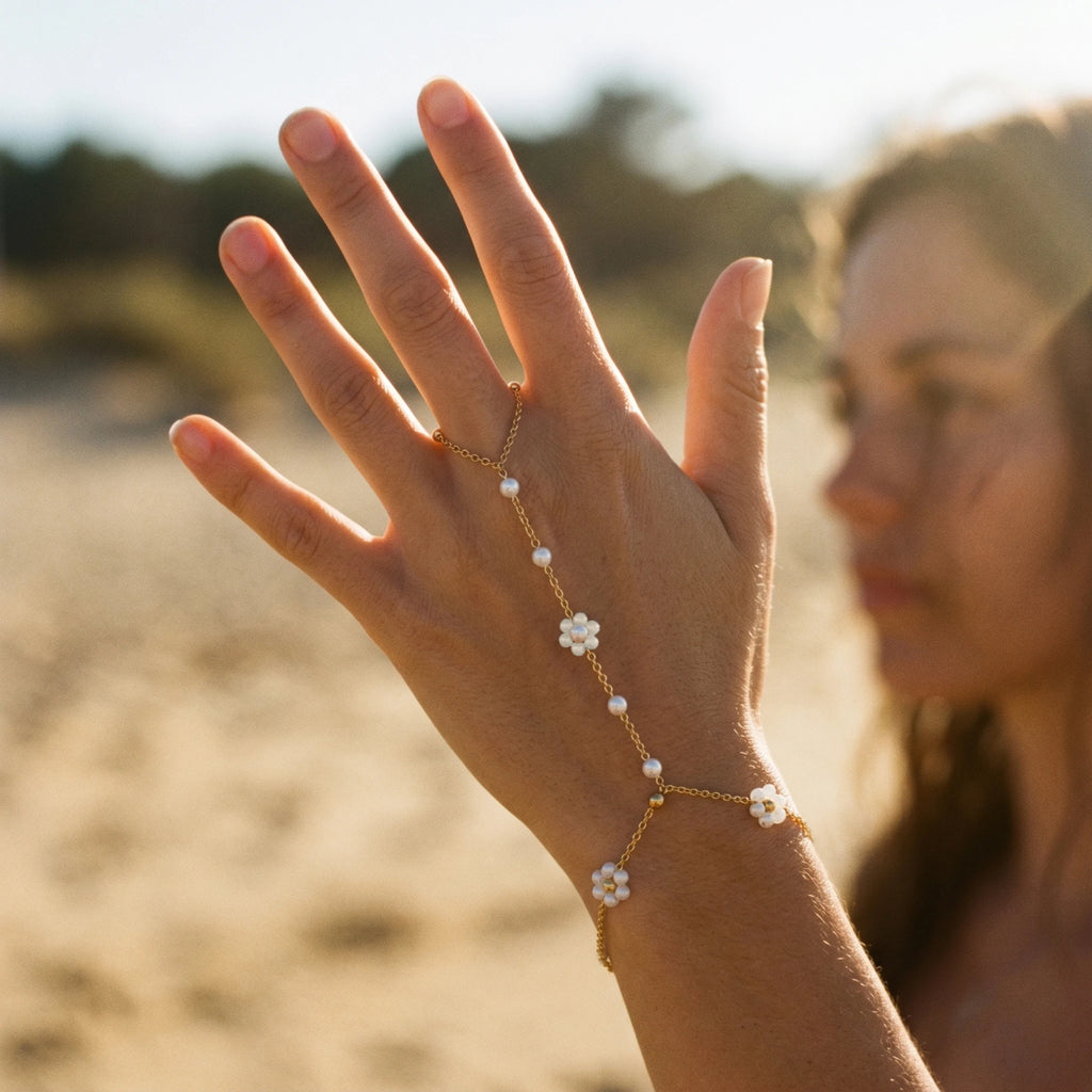 QIAOREN 10761 Boho Style Stainless Steel Flower Pearl Hand Harness Bracelet Gold Plated Finger Chain for Women