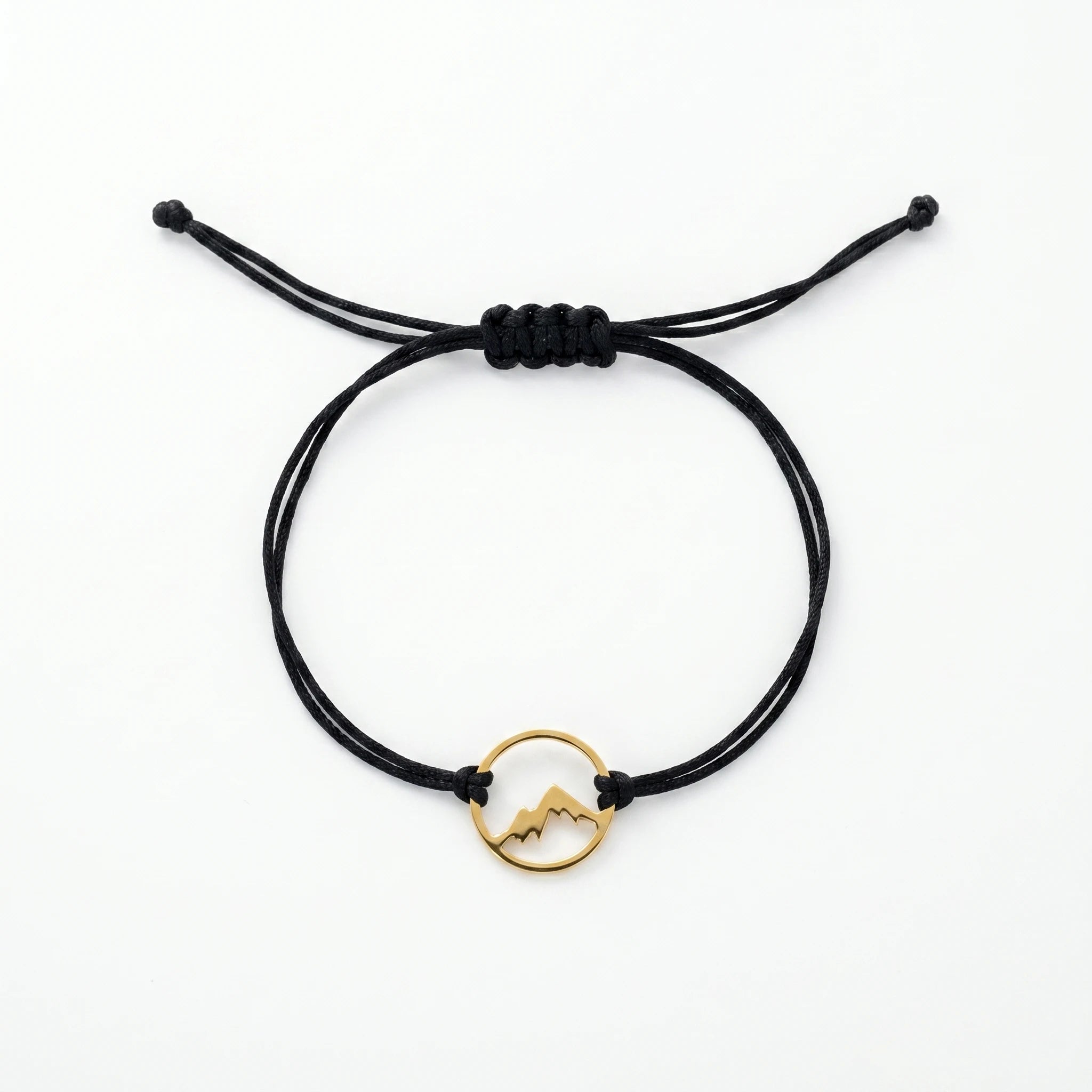 QIAOREN 12769 Stainless Steel Gold Mountain Circle Pearl Charm Women's Black Adjustable Rope Cord Minimal Outdoor Wrist Jewelry