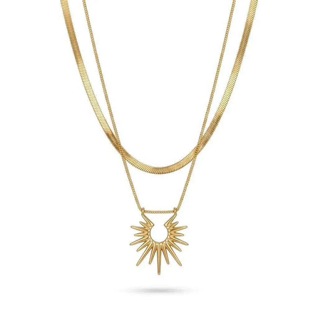 QIAOREN 13528 Two Layer Hollow Sunburst Pendant Stack Necklace with Flat Snake & Thin Cable Mixed Chain, Textured Radiant Sun