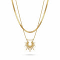 QIAOREN 13528 Two Layer Hollow Sunburst Pendant Stack Necklace with Flat Snake & Thin Cable Mixed Chain, Textured Radiant Sun