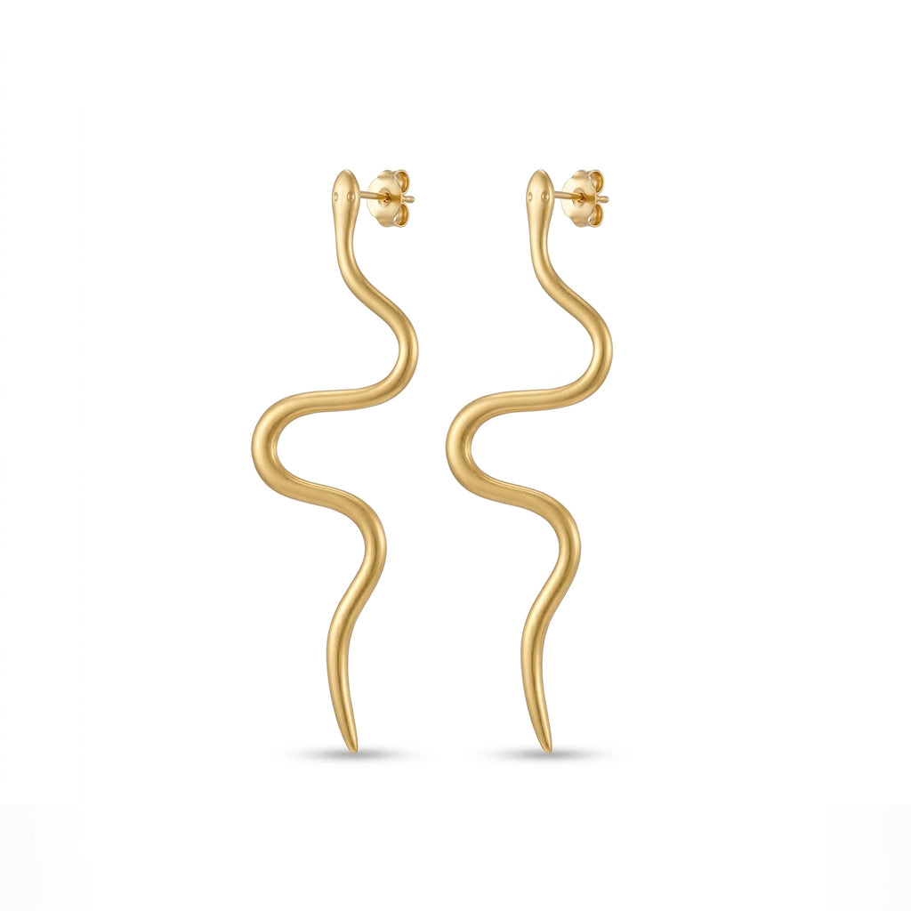 QIAOREN 11847 Edgy Satin Gold Serpent Stud Earrings Stainless Steel Minimalist Wavy Snake Jewelry Statement Gift for Women US