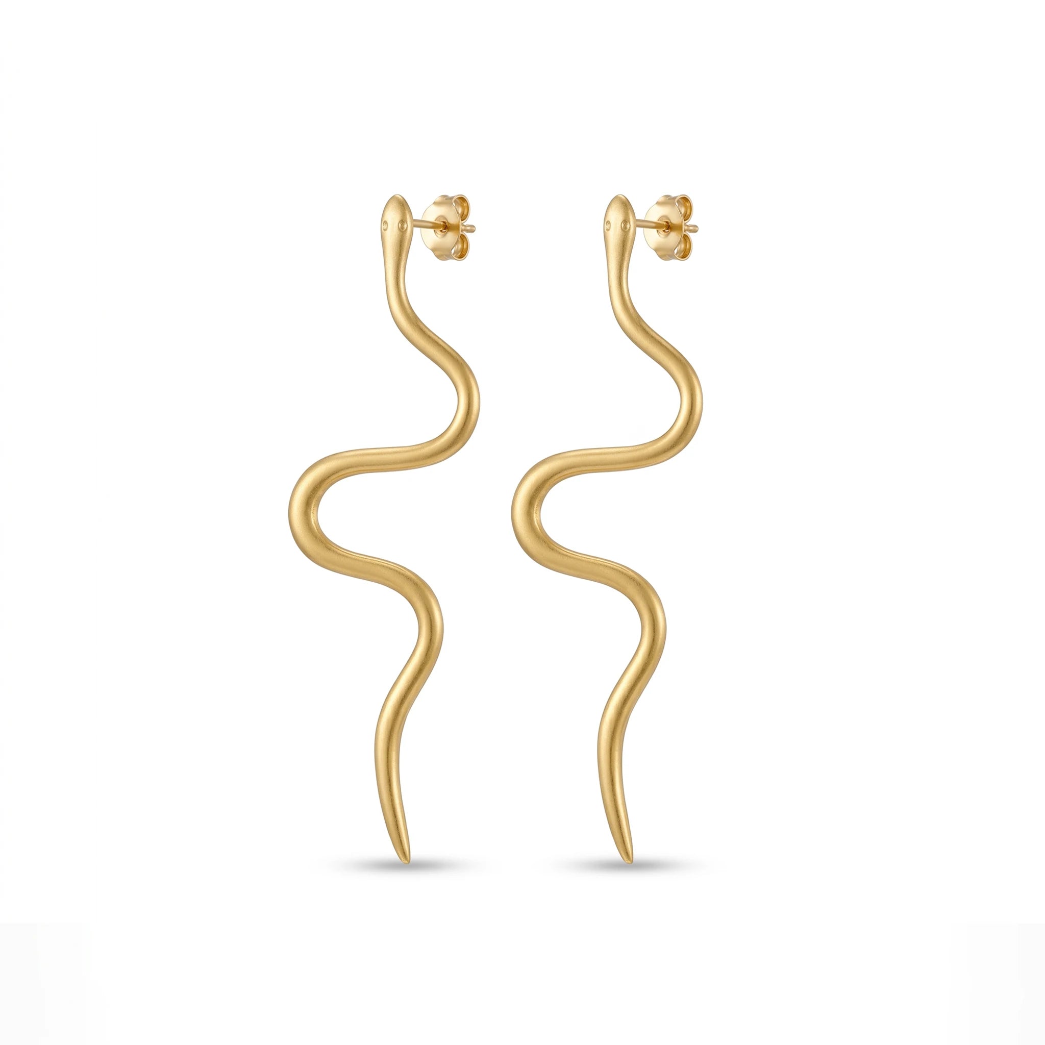 QIAOREN 11847 Edgy Satin Gold Serpent Stud Earrings Stainless Steel Minimalist Wavy Snake Jewelry Statement Gift for Women US