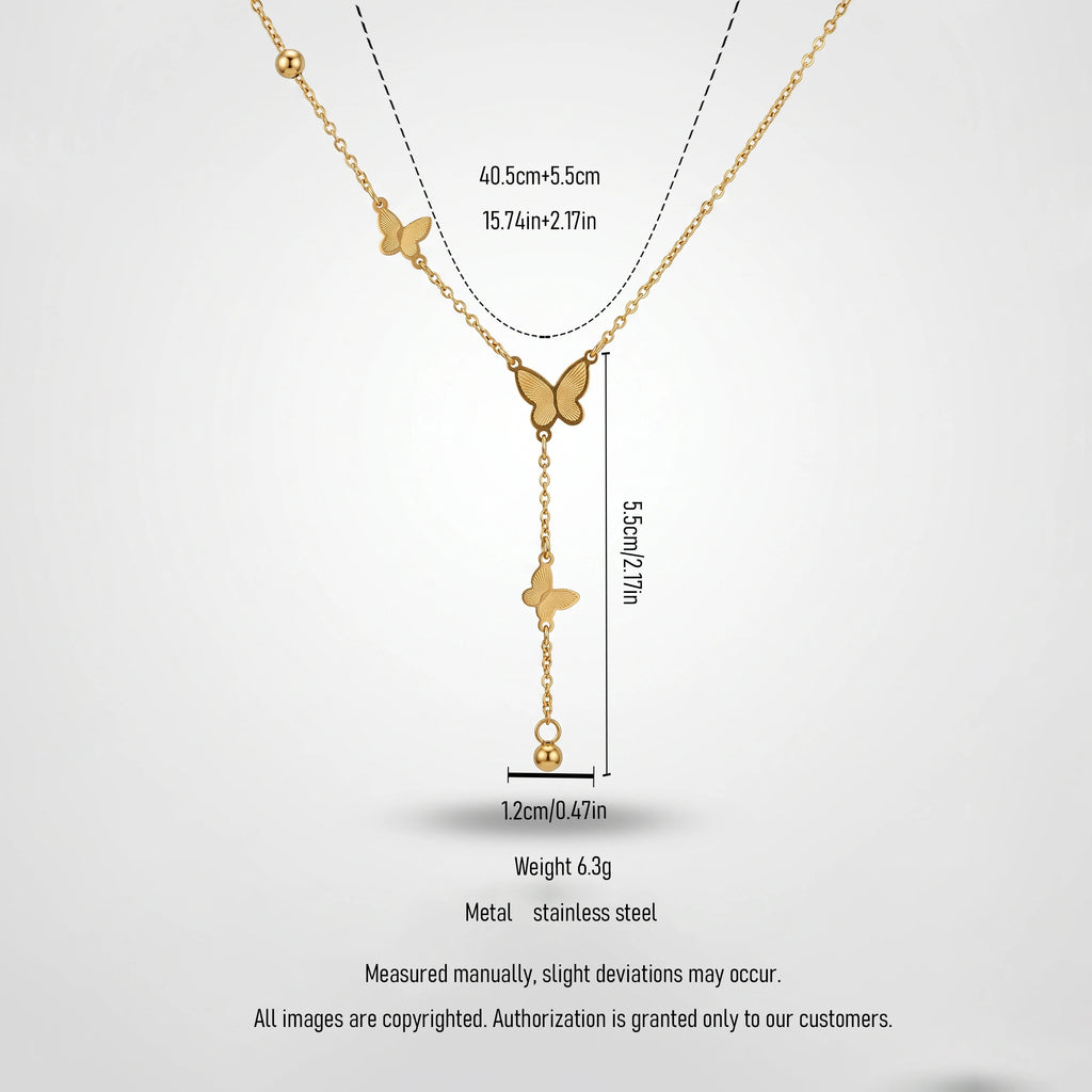 QIAOREN 13504 Minimalist Triple Butterfly Y Drop Necklace with Smooth Round Ball Pendant, Dainty Beaded Thin Cable Chain