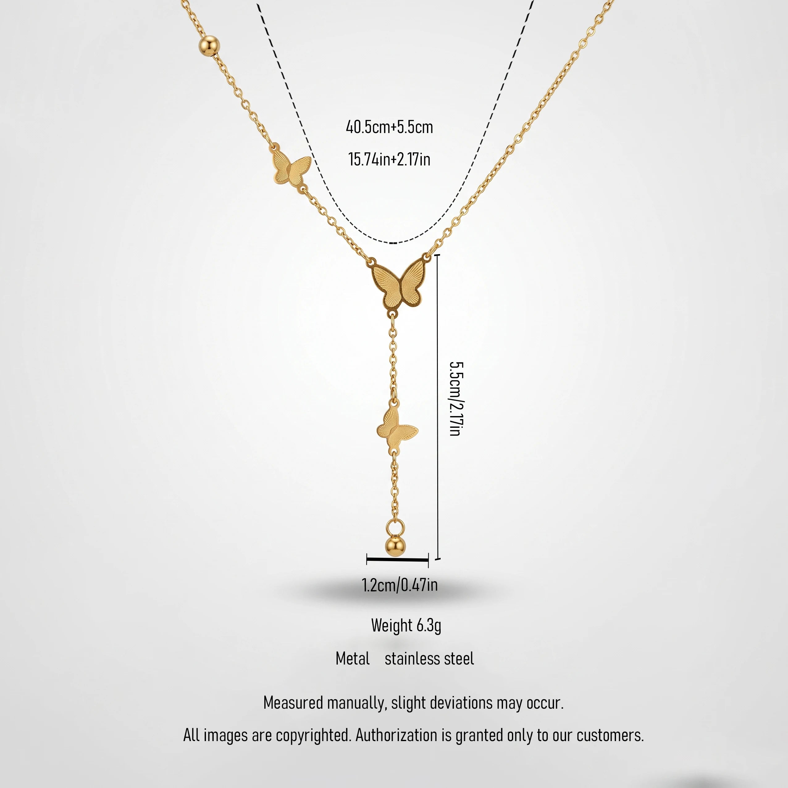 QIAOREN 13504 Minimalist Triple Butterfly Y Drop Necklace with Smooth Round Ball Pendant, Dainty Beaded Thin Cable Chain