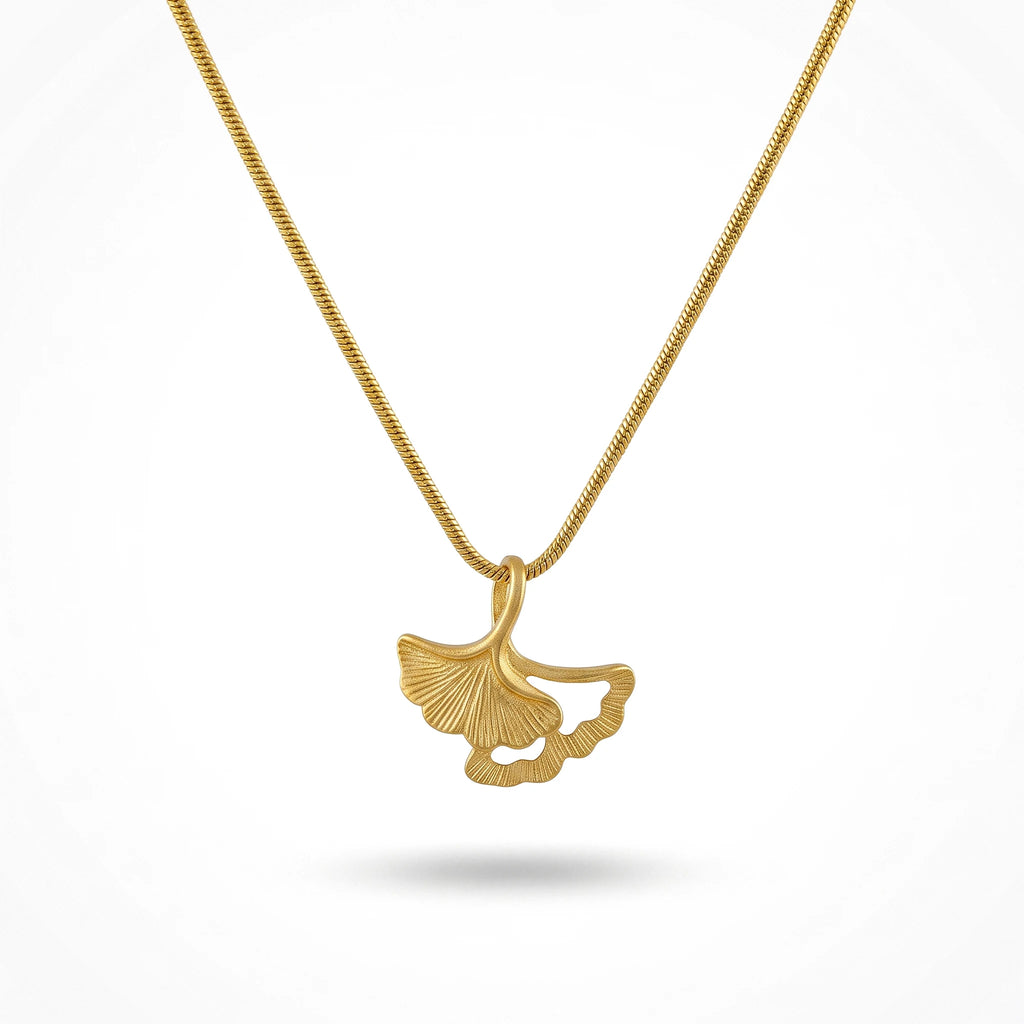 QIAOREN 13714 Snake Chain Pendant Necklace with Matte Hollow Double Ginkgo Leaf Charms, Textured Vintage Gold Collar Jewelry