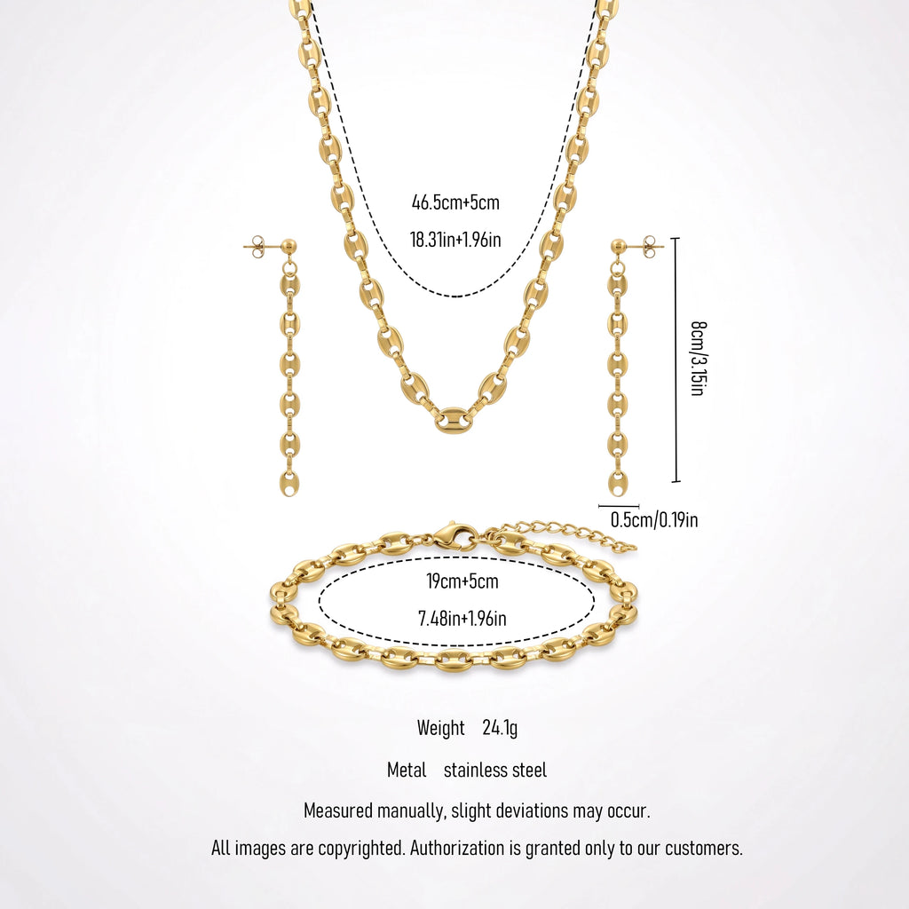 QIAOREN 11523 Retro Mariner Link Jewelry Set 18K Gold Plated Stainless Steel Necklace Earrings Bracelet for Women