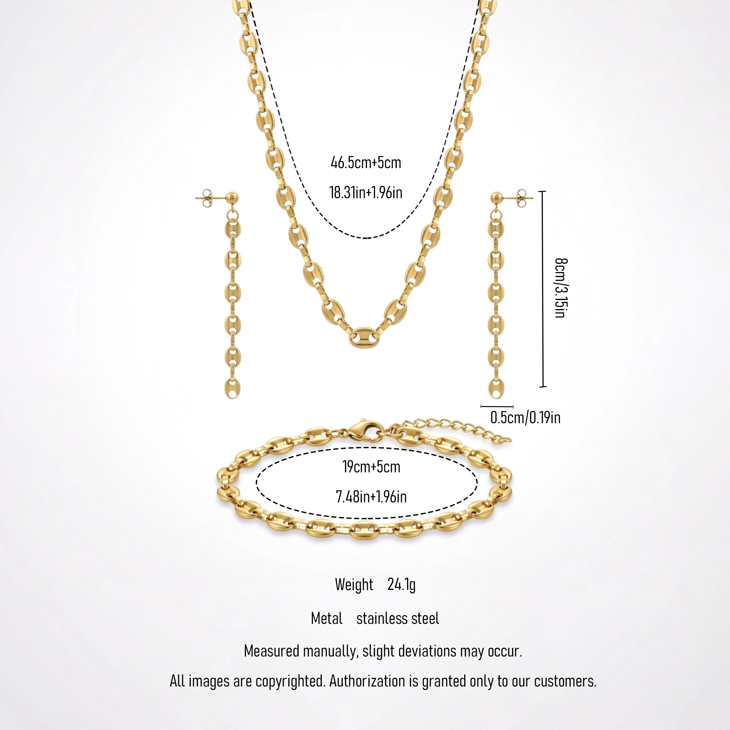 QIAOREN 11523 Retro Mariner Link Jewelry Set 18K Gold Plated Stainless Steel Necklace Earrings Bracelet for Women