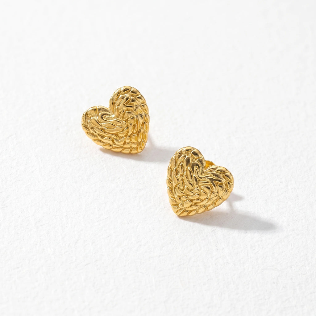 QIAOREN 13249 Gold Stainless Steel Woven Heart Stud Earrings Braided Texture Love Ear Studs Hypoallergenic Jewelry for Women