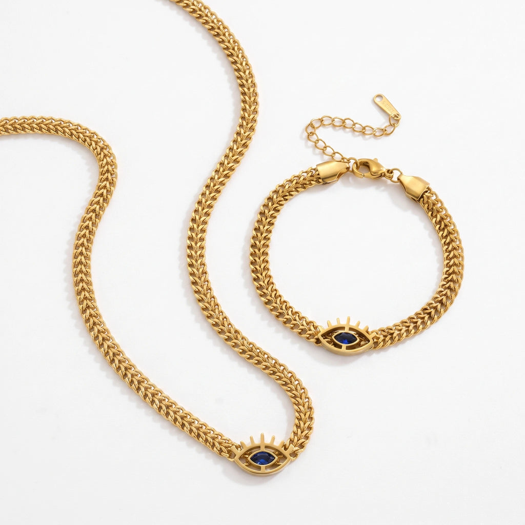 QIAOREN 13981 Thick Wheat Weave Chain Pendant Necklace with Unique Charm Inlaid Marquise Cut Blue CZ