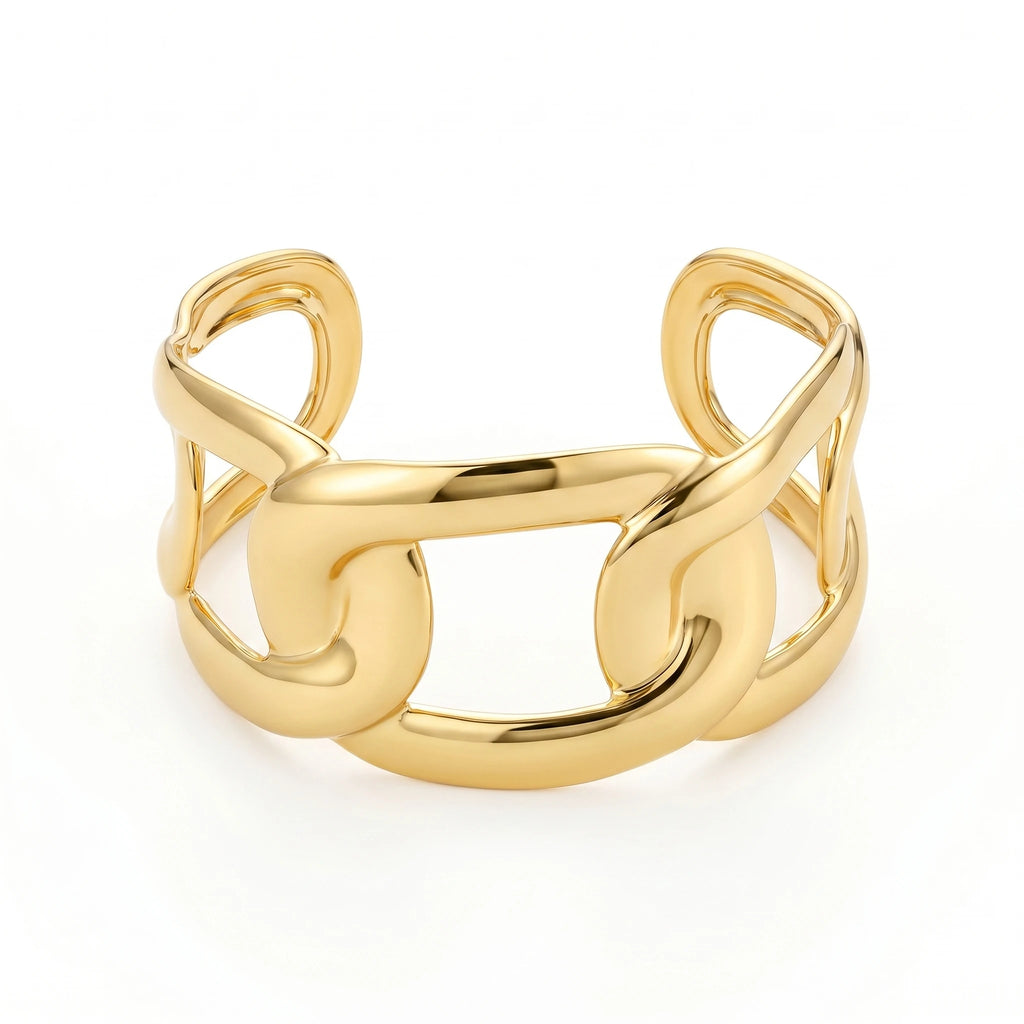 QIAOREN 12721 Modern Geometric Thick Intertwined Rectangular Link Wide Cuff Bangle Hypoallergenic Stainless Steel Gold Bracelet