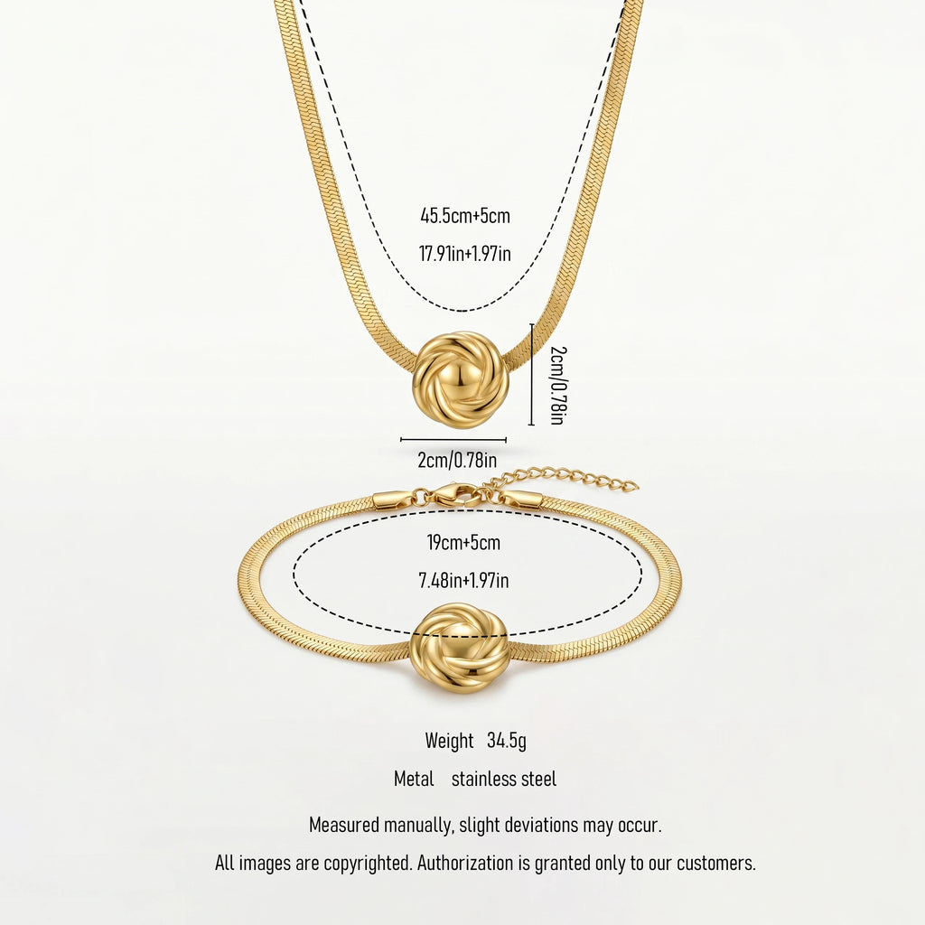 QIAOREN 12135 Vintage Twisted Knot Charm Stainless Steel  Necklace Bracelet Set Tarnish Free Gold Plated Ladies Jewelry