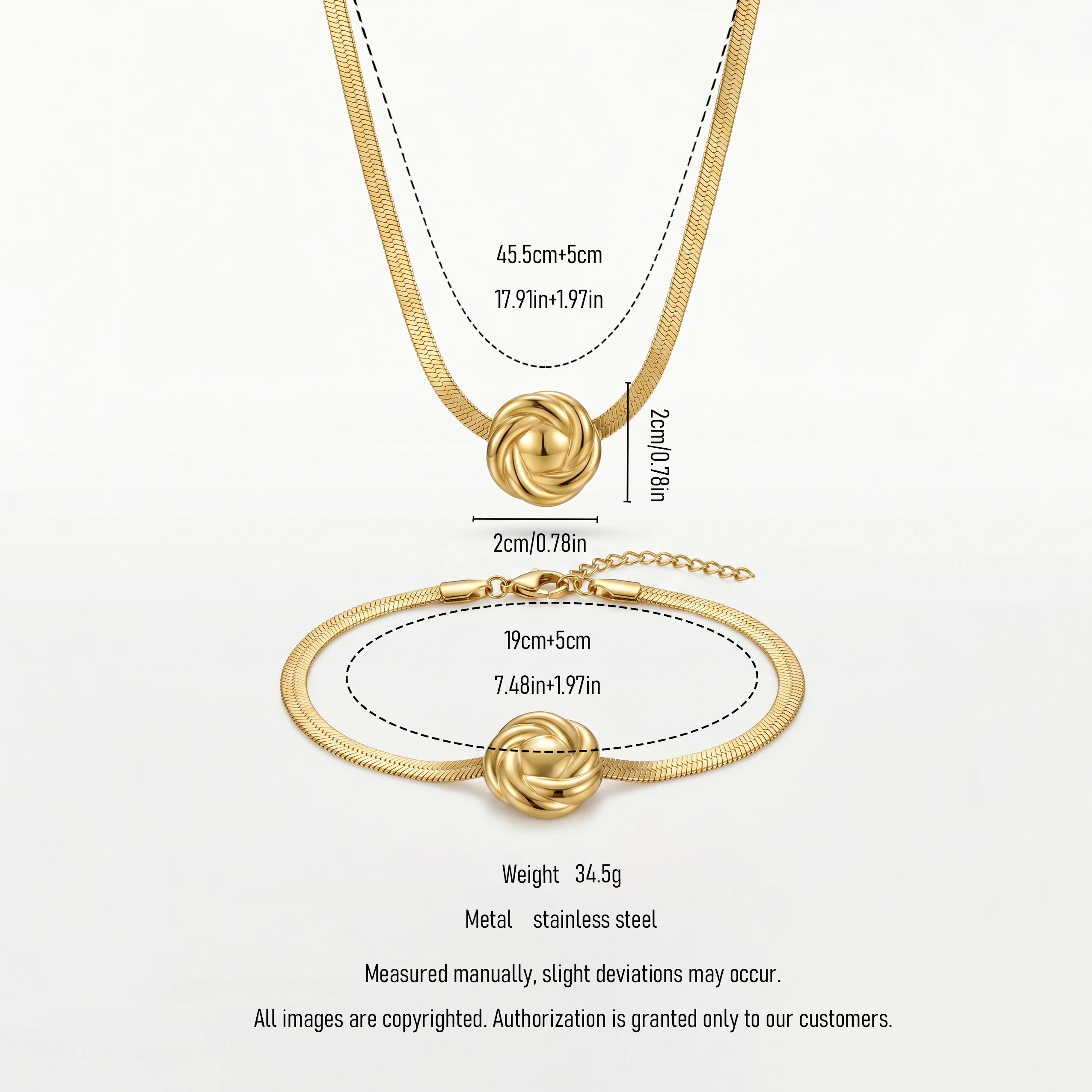 QIAOREN 12135 Vintage Twisted Knot Charm Stainless Steel  Necklace Bracelet Set Tarnish Free Gold Plated Ladies Jewelry