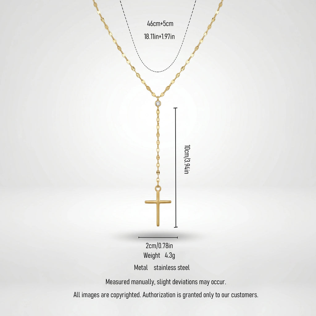 QIAOREN 11312 Waterproof 18K Gold Plated Cross Lariat Necklace Stainless Steel Beach Sunset Faith Jewelry for Women