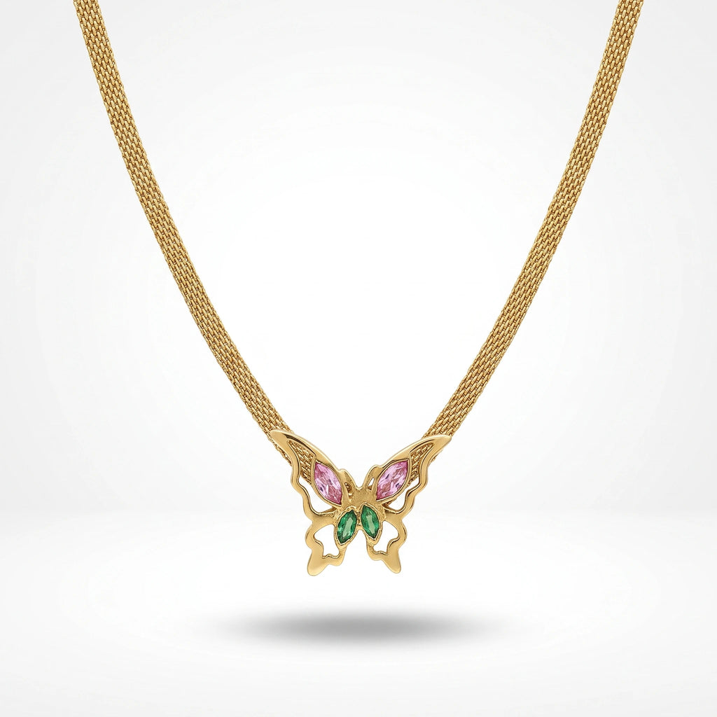 QIAOREN 14008 Wide Mesh Snake Chain Pendant Necklace with Hollow Butterfly Charm Inlaid Pink and Green Marquise CZ Stones