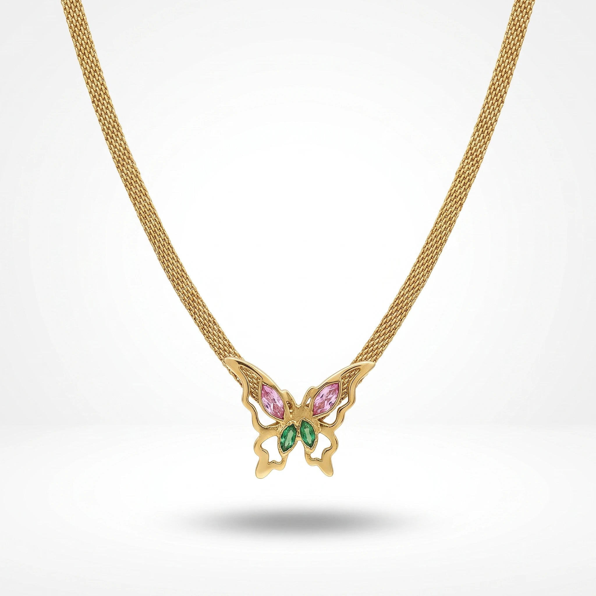 QIAOREN 14008 Wide Mesh Snake Chain Pendant Necklace with Hollow Butterfly Charm Inlaid Pink and Green Marquise CZ Stones