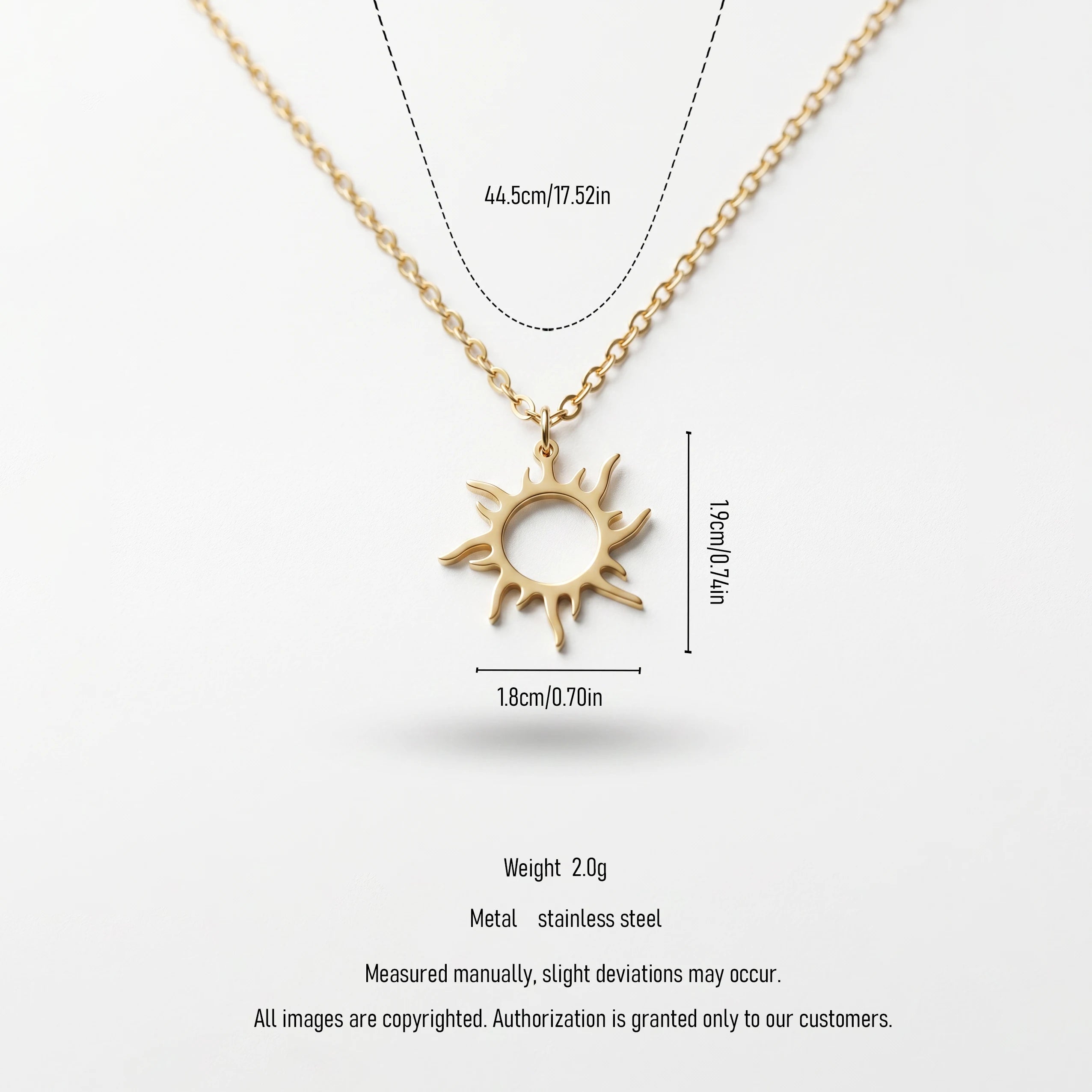 QIAOREN 11239 Waterproof 18K Gold Plated Sun Pendant Necklace Stainless Steel Beach Vacation Sunshine Jewelry