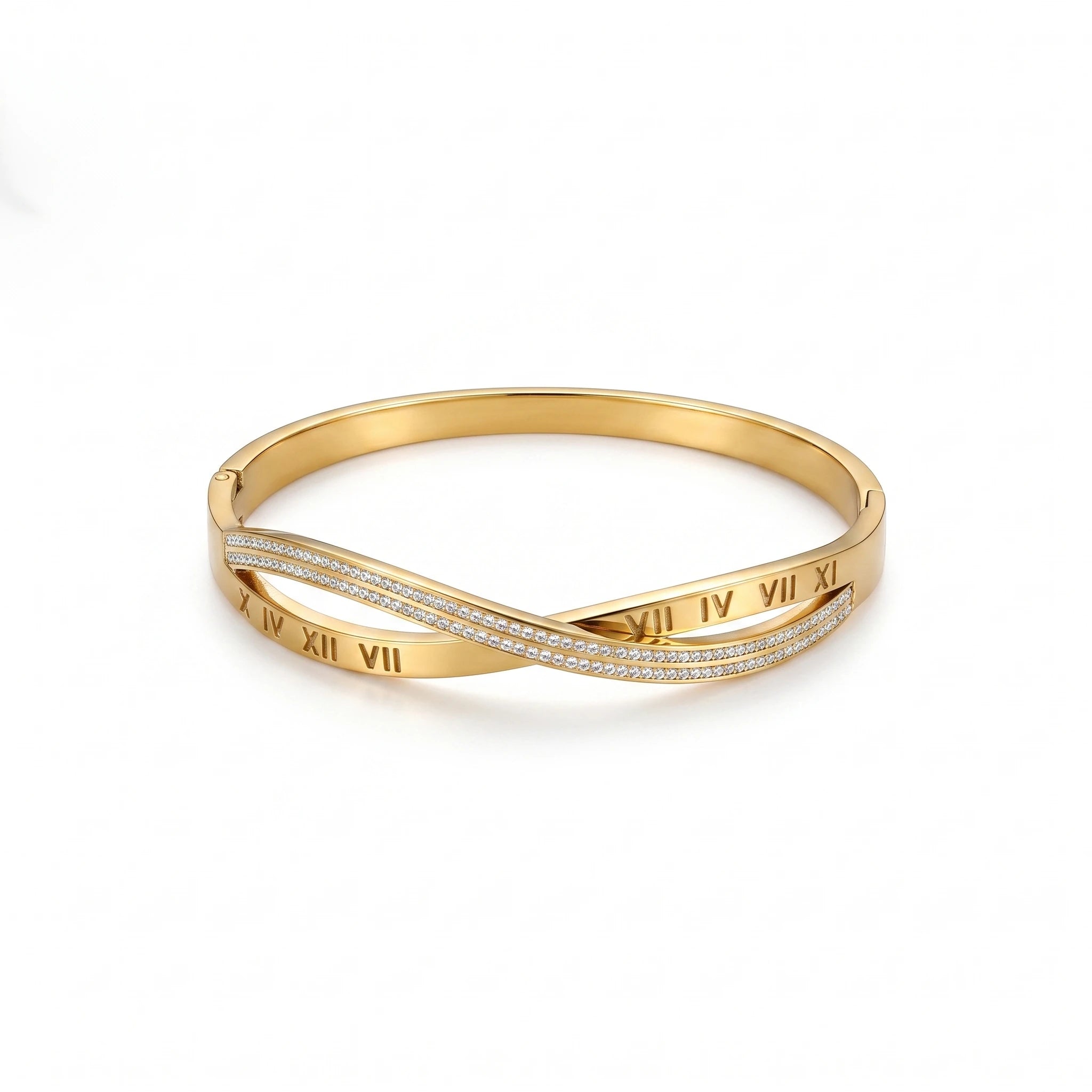 QIAOREN 13667 Twisted Interlock Spring Cuff Bangle Engraved Roman Numerals with Full Paved Clear Zircon