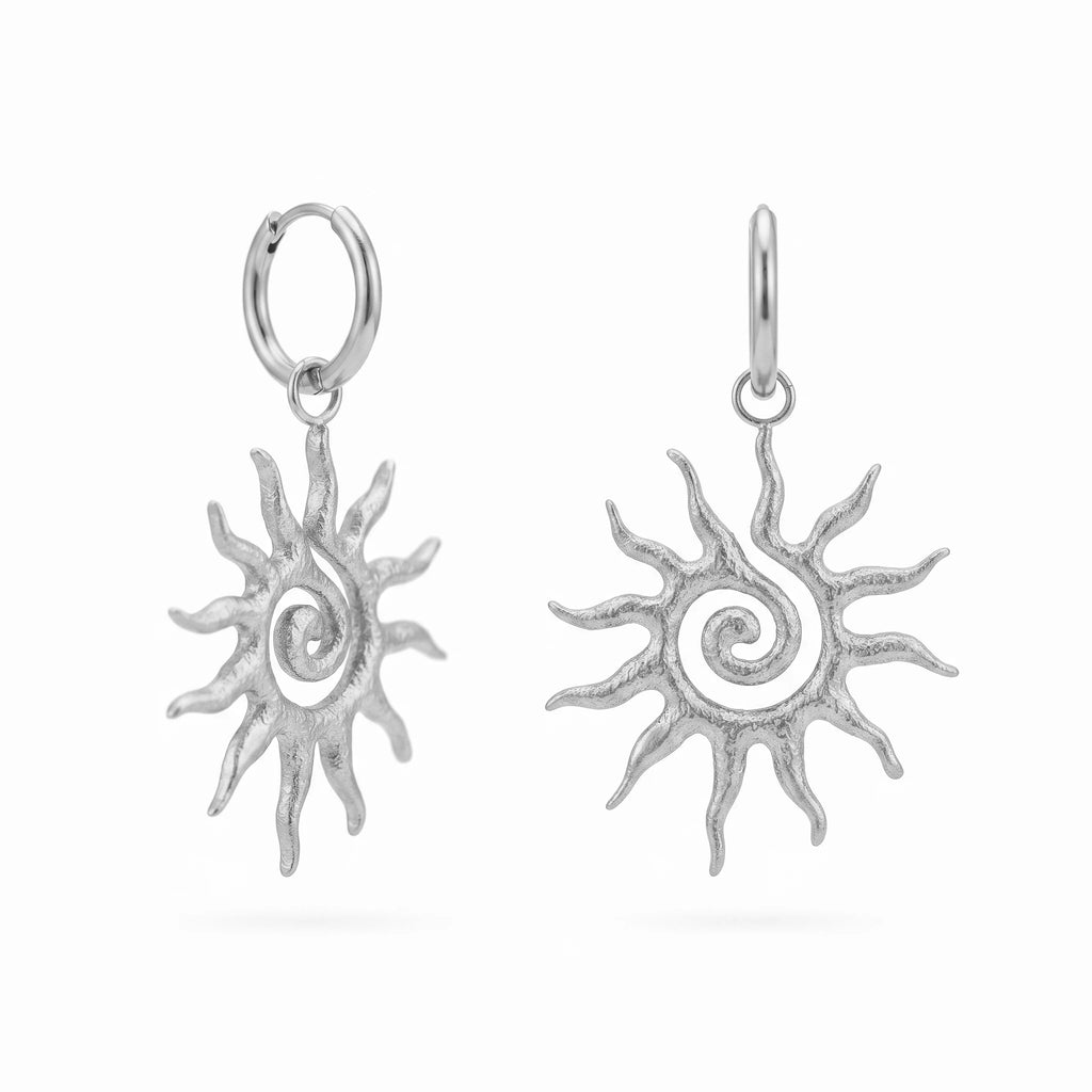 QIAOREN 10743 18K Gold Plated Stainless Steel Sun Spiral Hoop Earrings, Hypoallergenic Bohemian Sunburst Drop Earrings for Women
