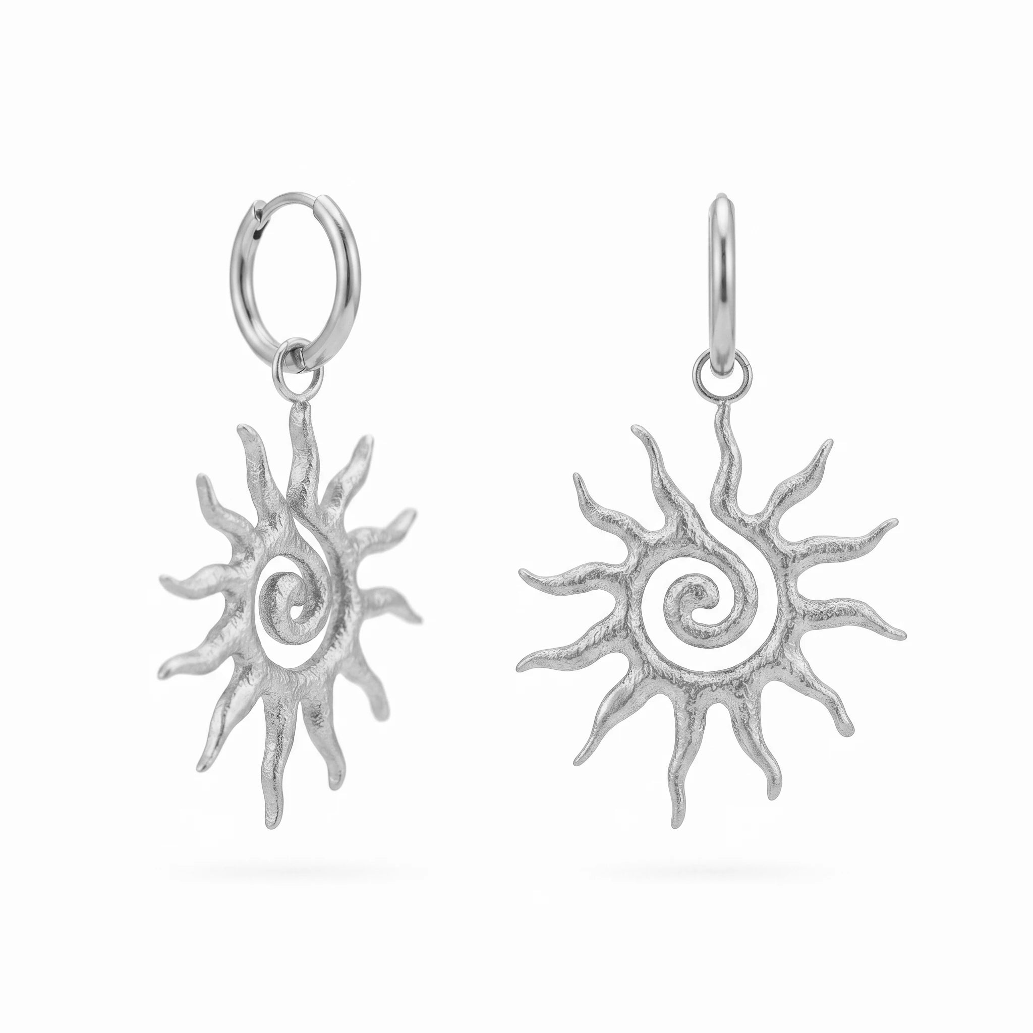QIAOREN 10743 18K Gold Plated Stainless Steel Sun Spiral Hoop Earrings, Hypoallergenic Bohemian Sunburst Drop Earrings for Women