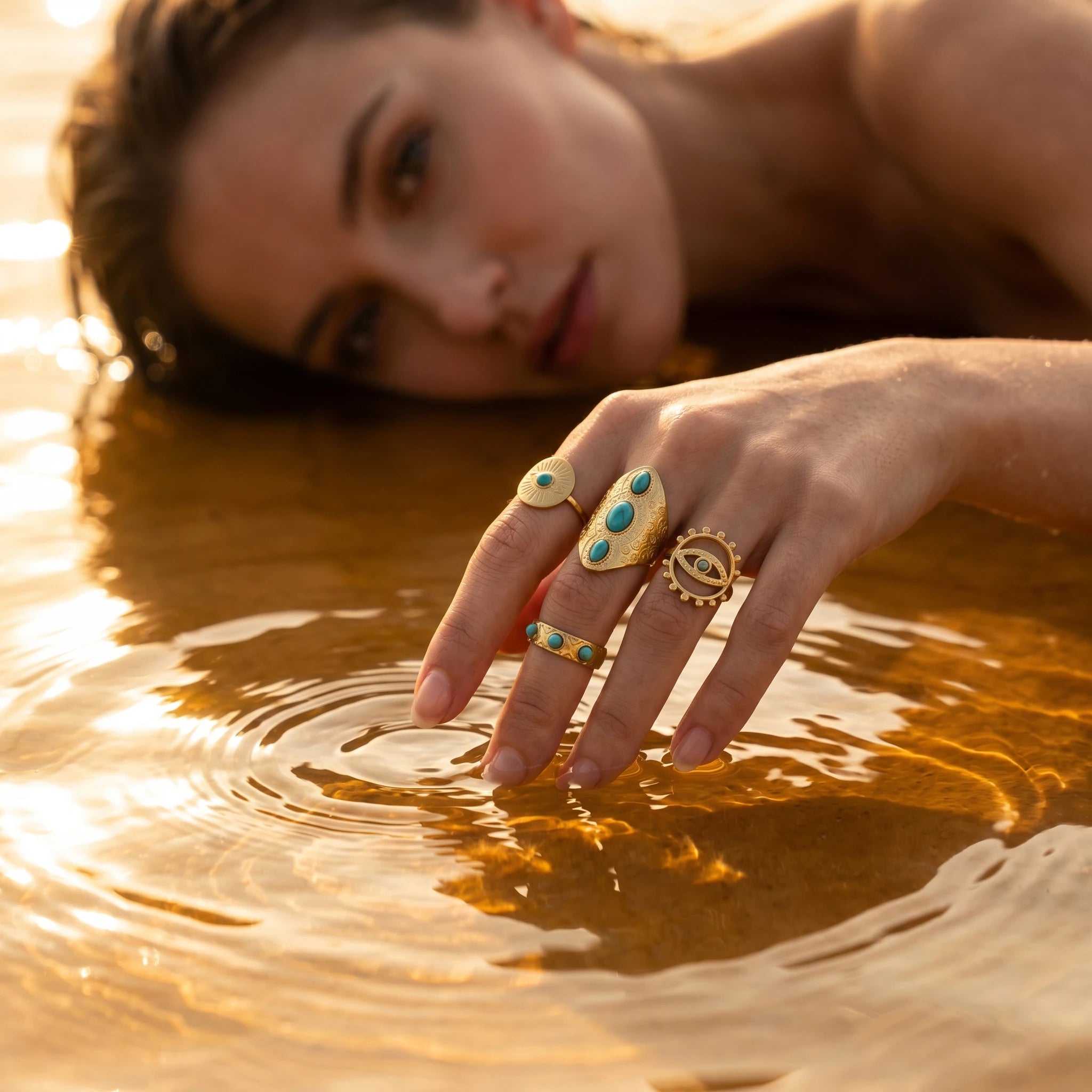 QIAOREN 10033 Stainless Steel Boho Turquoise Adjustable Ring Set Vintage Stackable Knuckle Rings Western Jewelry for Women
