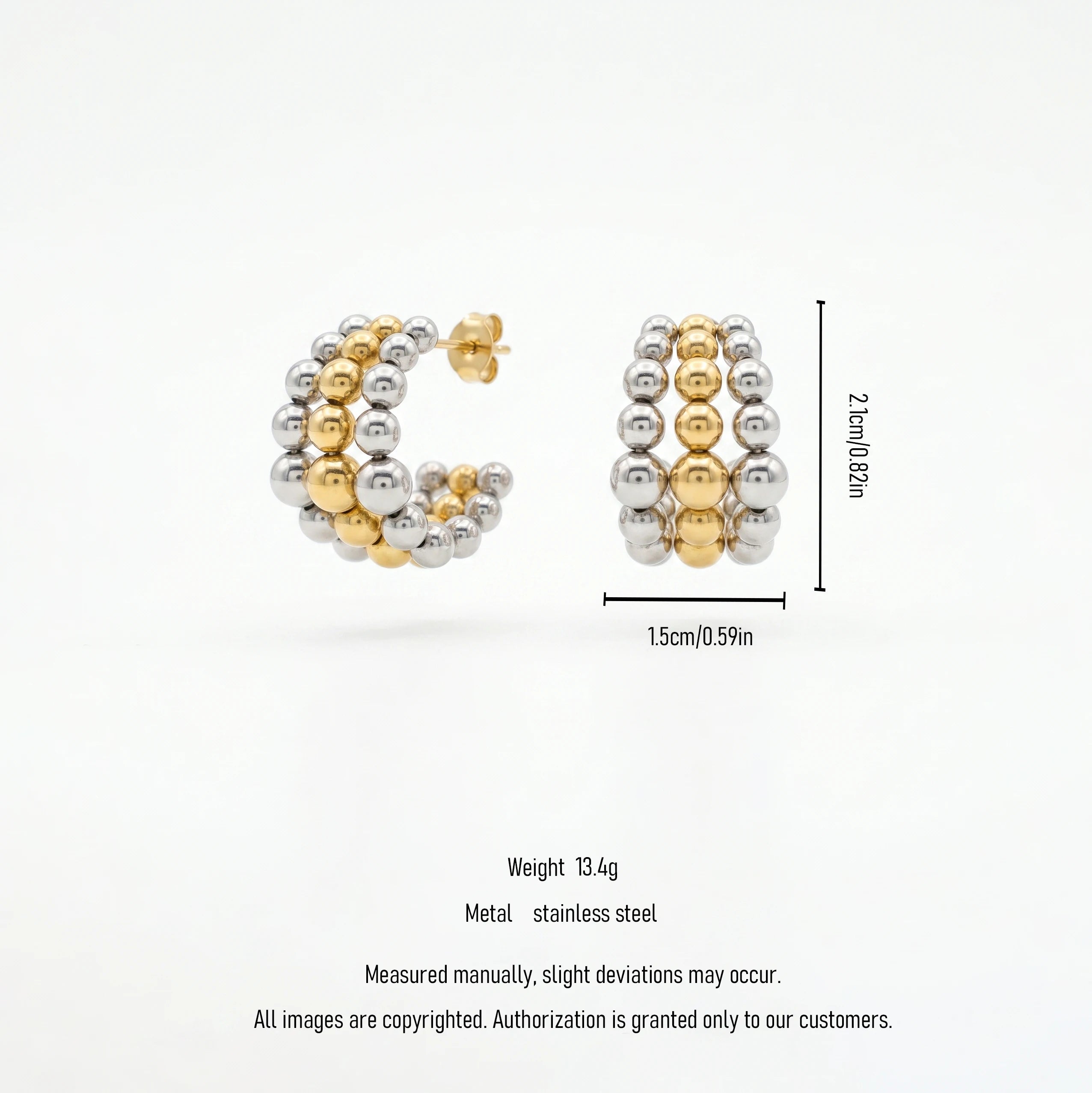 QIAOREN 12753 Stainless Steel Two Tone Beaded Hoop Earrings Silver Gold Mixed Ball Chunky Cuff Ear Jewelry for Women