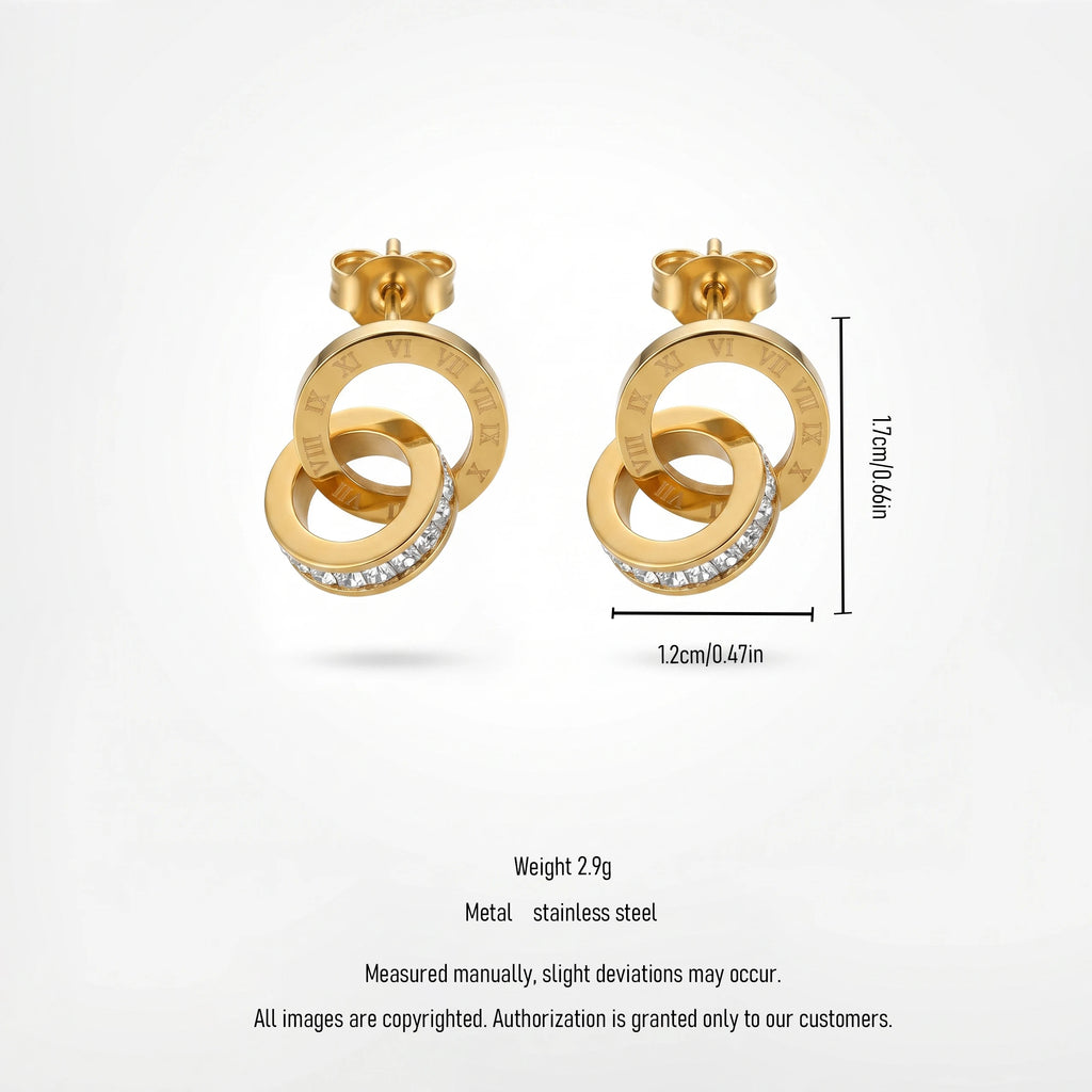QIAOREN 13413 Stainless Steel CZ Hoop Earrings Roman Numeral Dangle Stud Earrings Minimalist Jewelry for Women