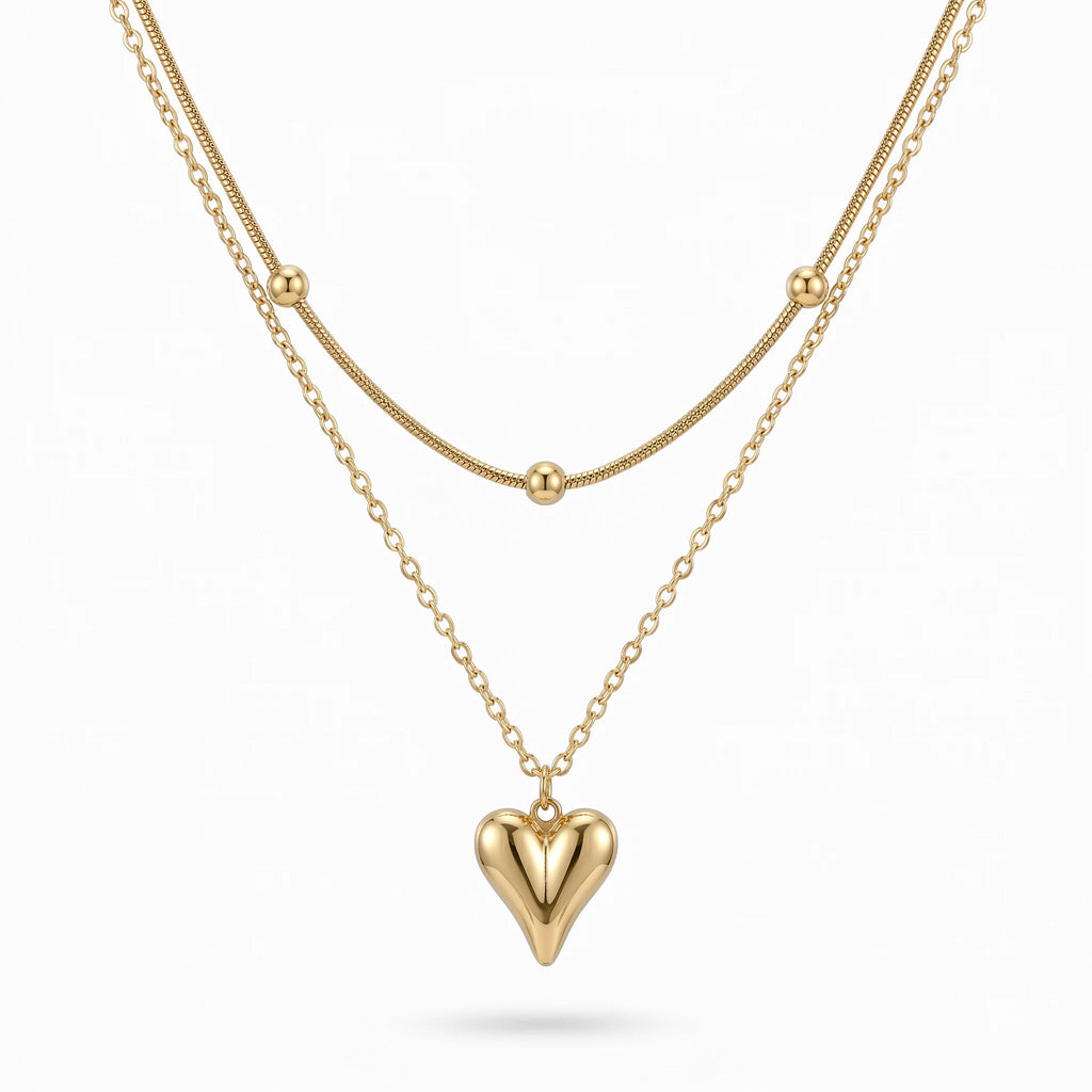 QIAOREN 11283 18K Gold Plated Layered Snake Chain Heart Pendant Necklace Stainless Steel Tarnish Free Waterproof Jewelry