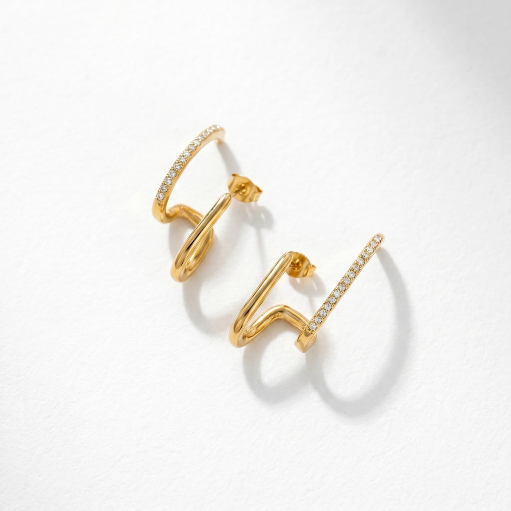 QIAOREN 12314 Trendy Triple Layer CZ Hoop Earrings Gold Stainless Steel Stacked Wave Spiral Claw Studs Illusion Jewelry Women US