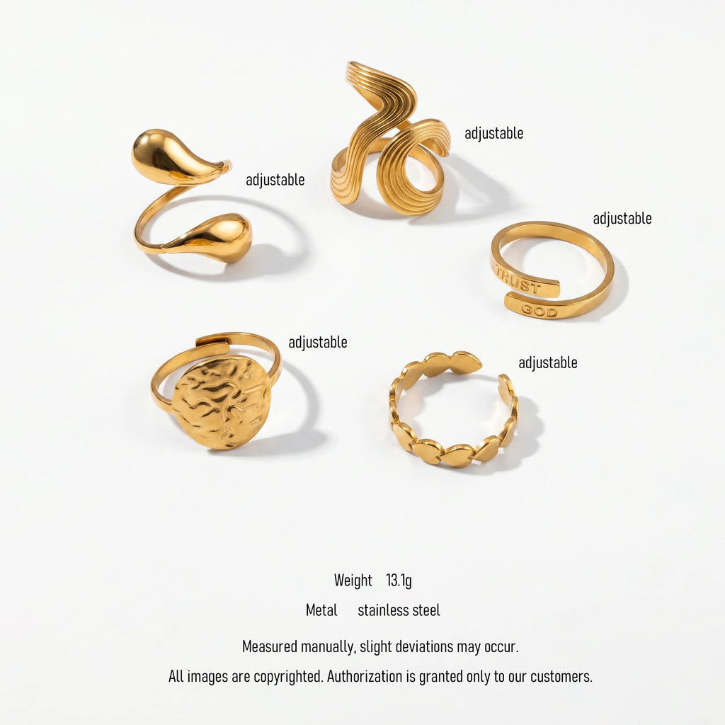 QIAOREN 10708 TRUST GOD Engraved Gold Ring Set - 5Pcs Hypoallergenic Stainless Steel Open Rings