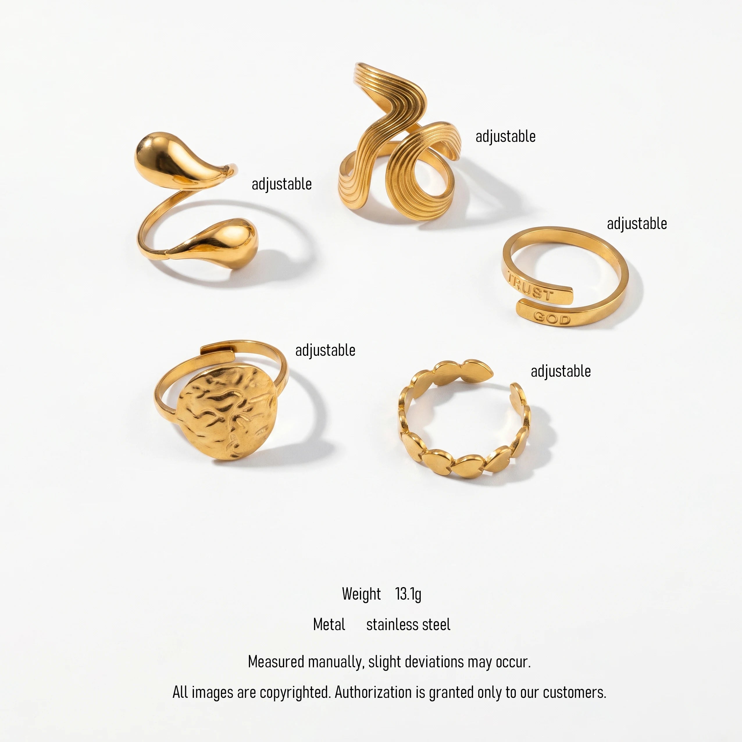 QIAOREN 10708 TRUST GOD Engraved Gold Ring Set - 5Pcs Hypoallergenic Stainless Steel Open Rings