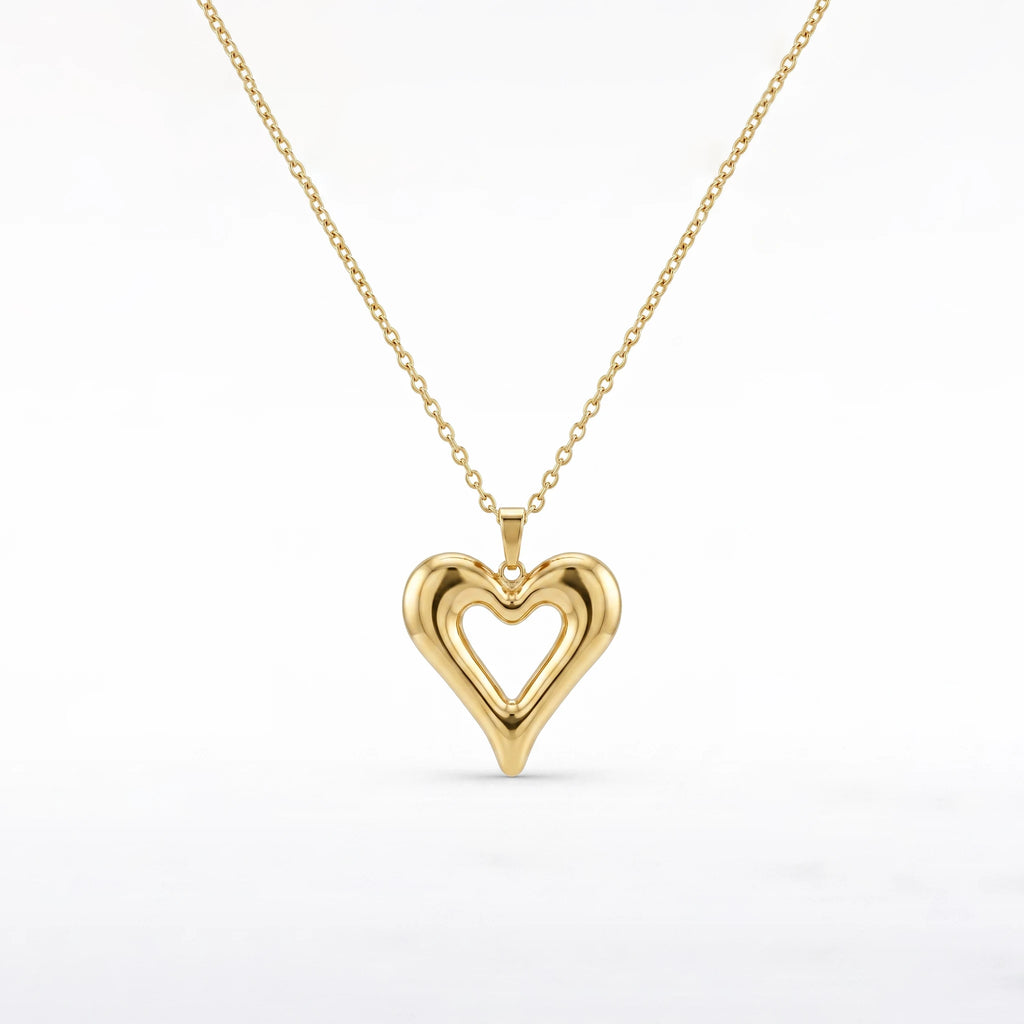 QIAOREN 12894 18K Gold Plated Puffy Heart Necklace, 3D Open Heart Pendant, Waterproof Tarnish Free Stainless Steel Jewelry Women