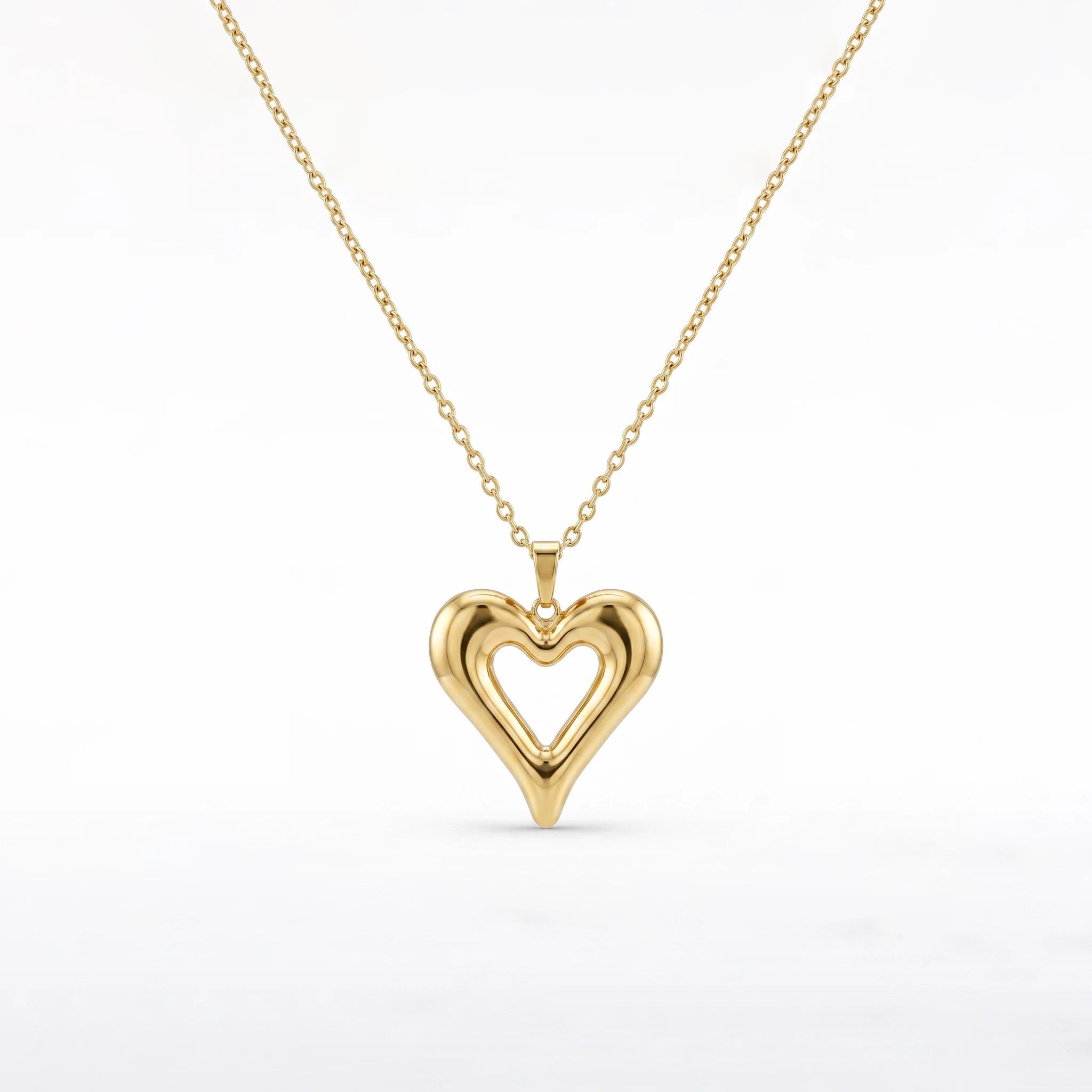 QIAOREN 12894 18K Gold Plated Puffy Heart Necklace, 3D Open Heart Pendant, Waterproof Tarnish Free Stainless Steel Jewelry Women