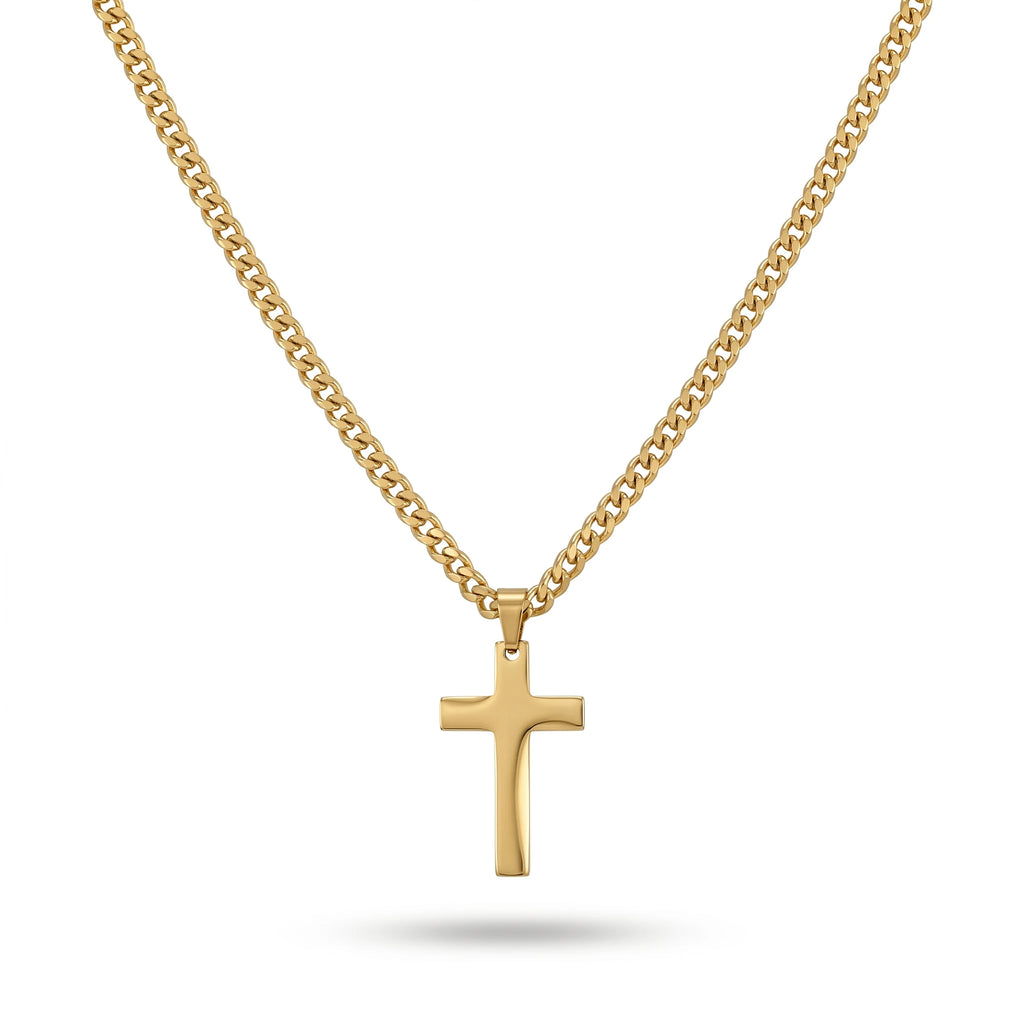 QIAOREN 11361 Tarnish Resistant Waterproof 18K Gold Plated Stainless Steel Thick Cuban Cross Pendant Necklace