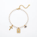 QIAOREN 13327 Vintage Pearl Anklet with Cross, Diamond Square Plate Charms, Mystical Retro Foot Jewelry Gift