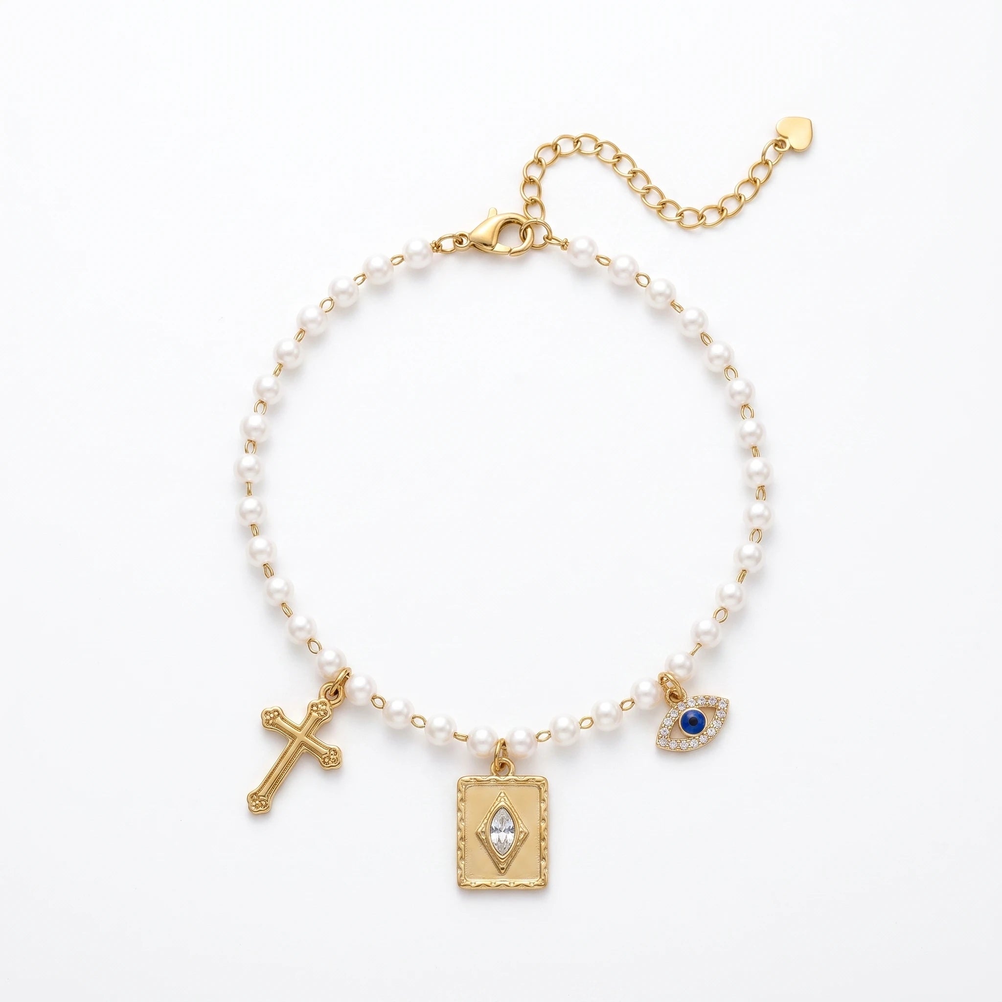 QIAOREN 13327 Vintage Pearl Anklet with Cross, Diamond Square Plate Charms, Mystical Retro Foot Jewelry Gift