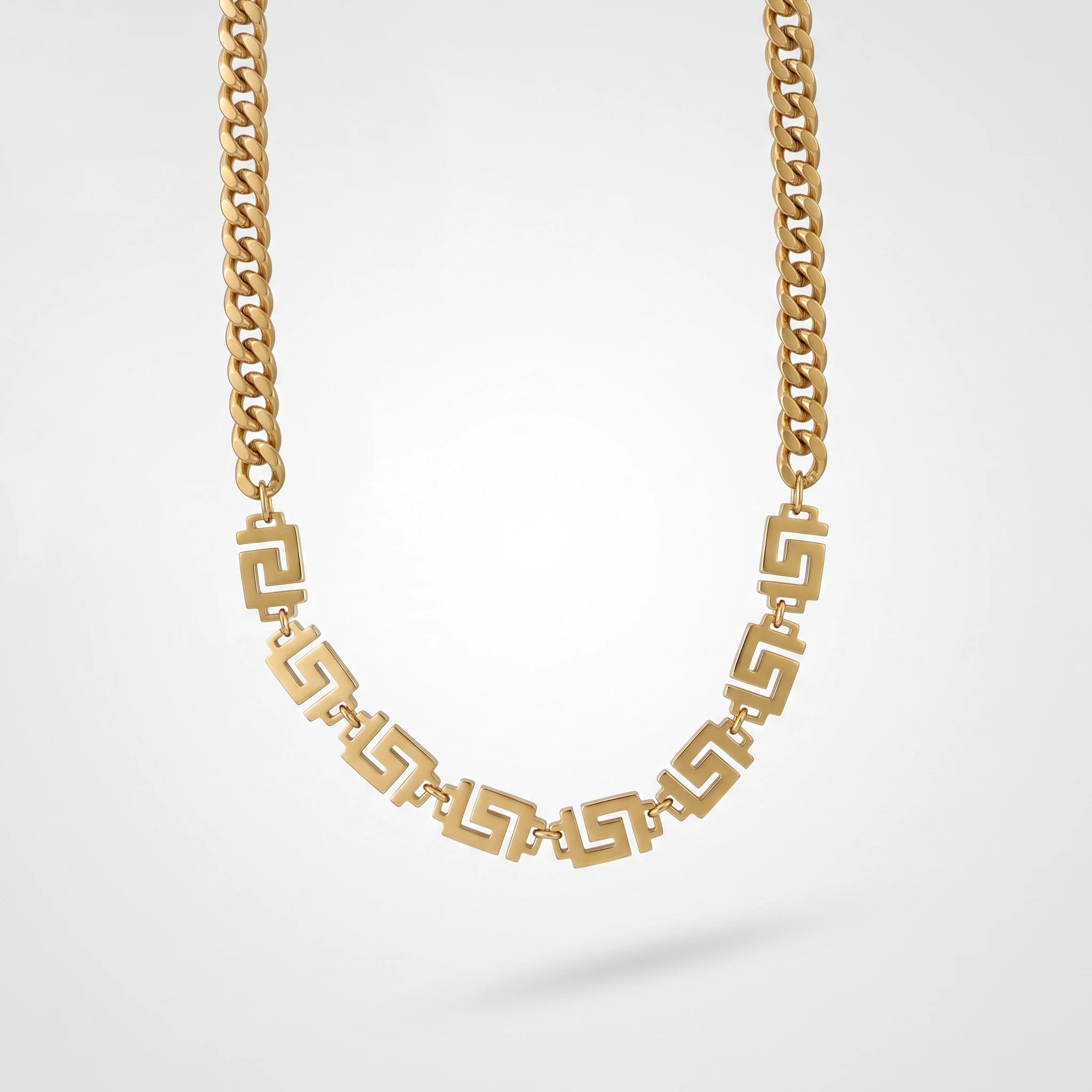 QIAOREN 13525 Mixed Chain Chunky Cuban & Greek Key Link Choker Necklace, Retro Geometric Pattern Gold Stack Neck Jewelry Gift