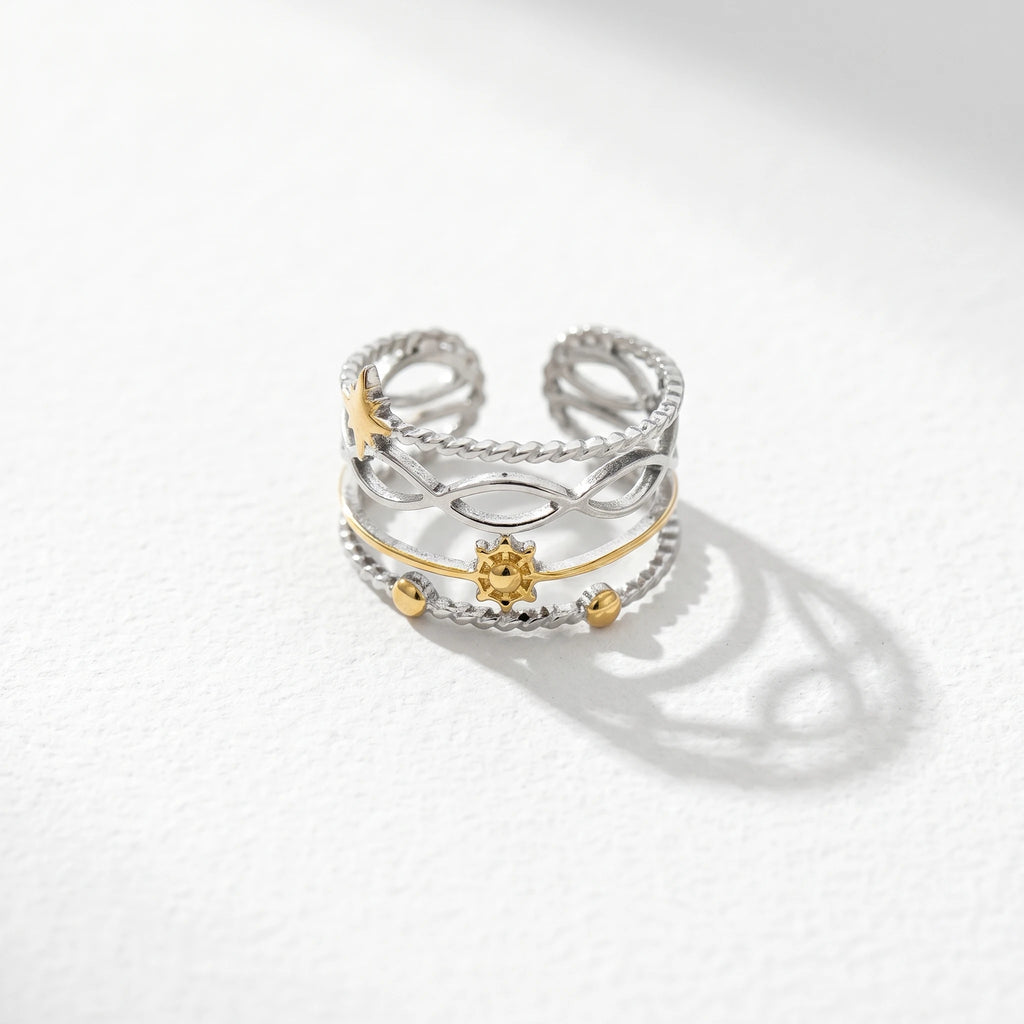 QIAOREN 13010-15 Gold Silver Plated Adjustable Open Stack Ring Set for Women Minimalist Geometric Statement Rings