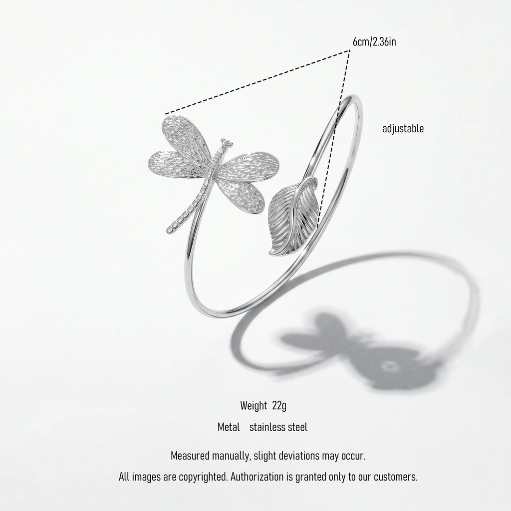 QIAOREN 12776 Stainless Steel Dragonfly Leaf Open Cuff Bangle Adjustable Silver Nature Wrist Bracelet for Women