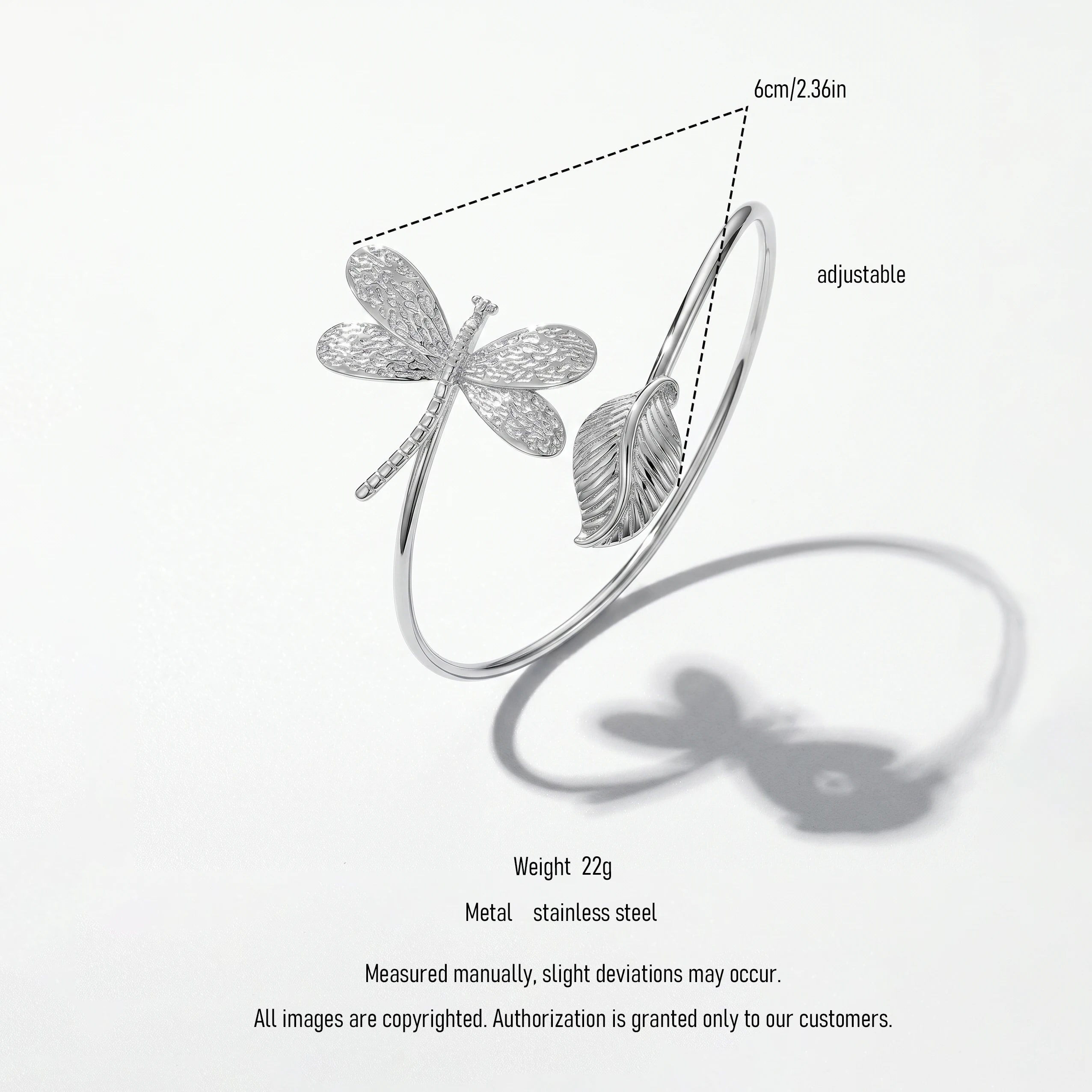 QIAOREN 12776 Stainless Steel Dragonfly Leaf Open Cuff Bangle Adjustable Silver Nature Wrist Bracelet for Women