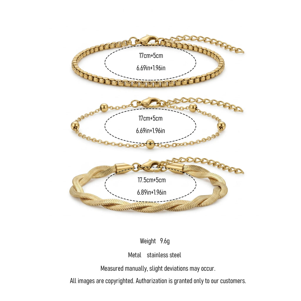 QIAOREN 11529 18K Gold Plated 3Pcs Twist Braided Box Chain Bracelet Set Stainless Steel Tarnish Free