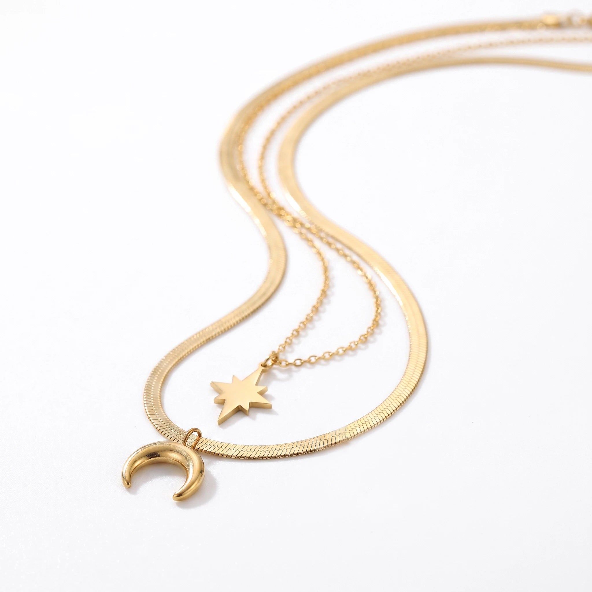 QIAOREN 13508 Two Layer Star & Crescent Moon Pendant Necklace with Flat Snake & Thin Cable Mixed Chain, Dainty Gold Necklace